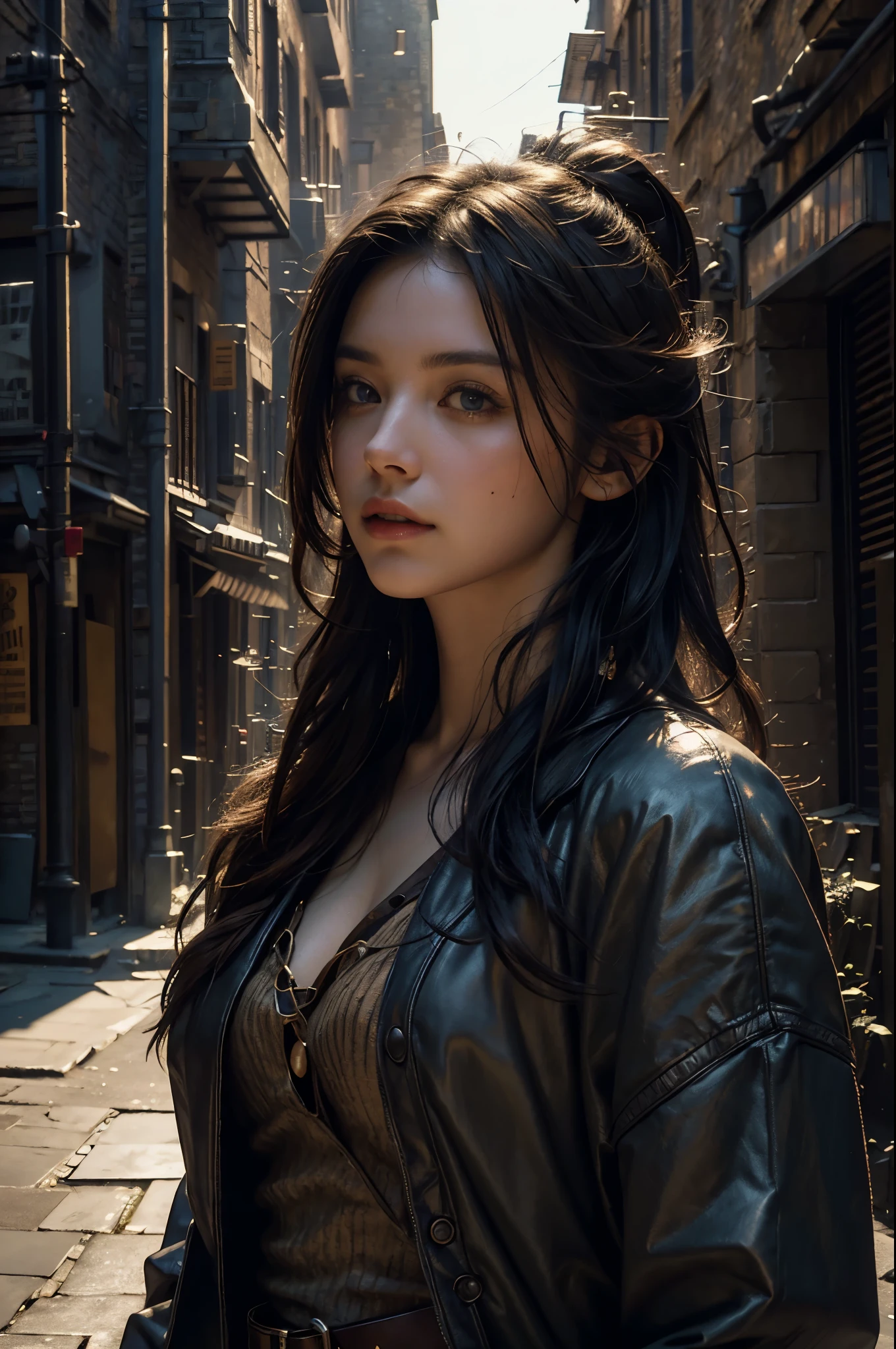 (masterpiece:1.2), (best quality,:1.2), 8k, HDR, ultra detailed, ((photorealistic)), perfect anatomy, professional light, cinematic lighting, fashion photography, ambient lighting,a realistic medieval alley, ((daytime)), sunlight, DarkFantasy, epiCPhoto