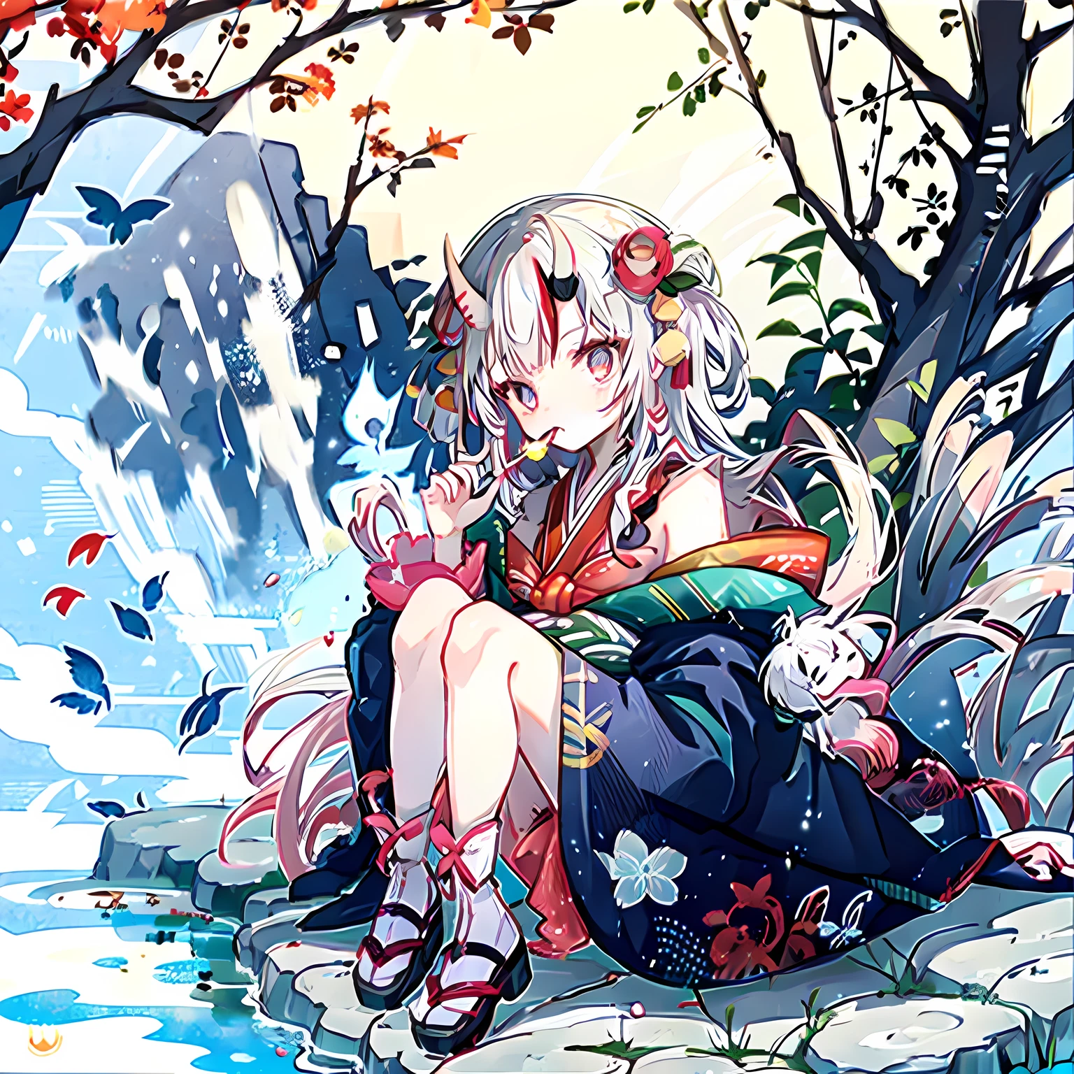 beautiful moonlit night. Japanese flower garden,Impressive autumn leaves,、Autumn leaves floating in the pond. Woman in kimono eating tea sweets on porch overlooking garden. She has a beautiful face and bright shining eyes. She wears a kimono with complicated and beautiful patterns. Nice Japanese dessert. Moonlight reflects on pond surface,Sparkle. Detailed picture. bright colors. High image quality.