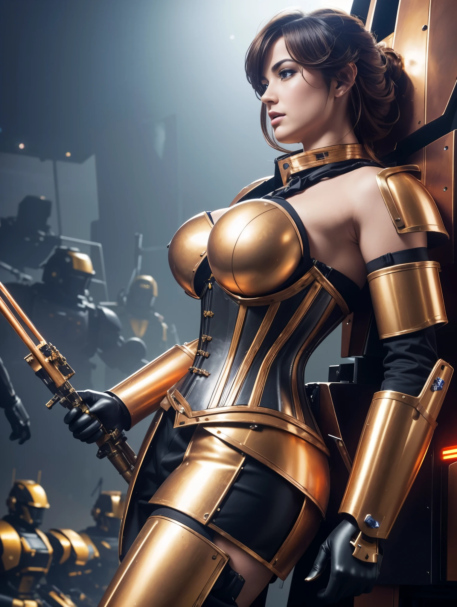Side angle.  a ultra hot gorgeous European woman in a corset dress with a bunch of bounty hunters robots, golden and copper armor, mech, seventies, key frame, dollpunk, band of gold round his breasts, barbarella, metallic, mechanical, mechanical superstructure  
