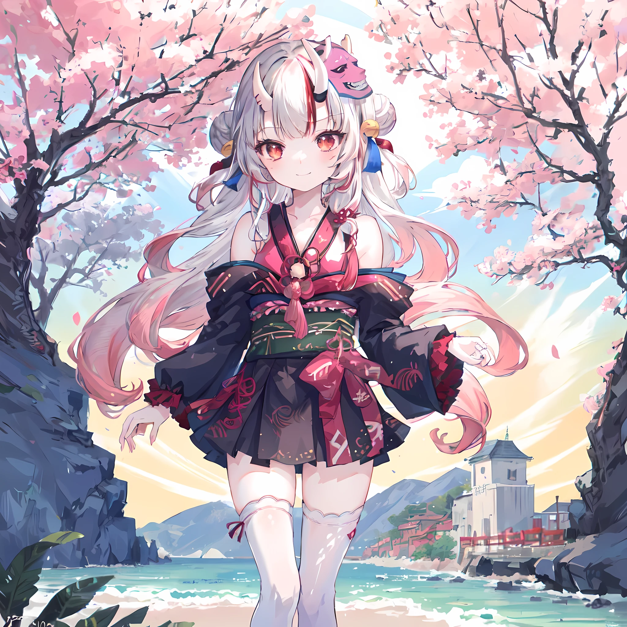 masterpiece, best quality, ridiculous, perfect anatomy, 1 girl, alone, Kiri Ayame, long hair, twice as good, Ayame base, black kimono, Hairbell, Heart, white stockings, bare shoulders, long sleeves, ghost mask, Wear a mask on your head, outdoor, permanent, Cherry tree, Put your arms behind your back, Smile