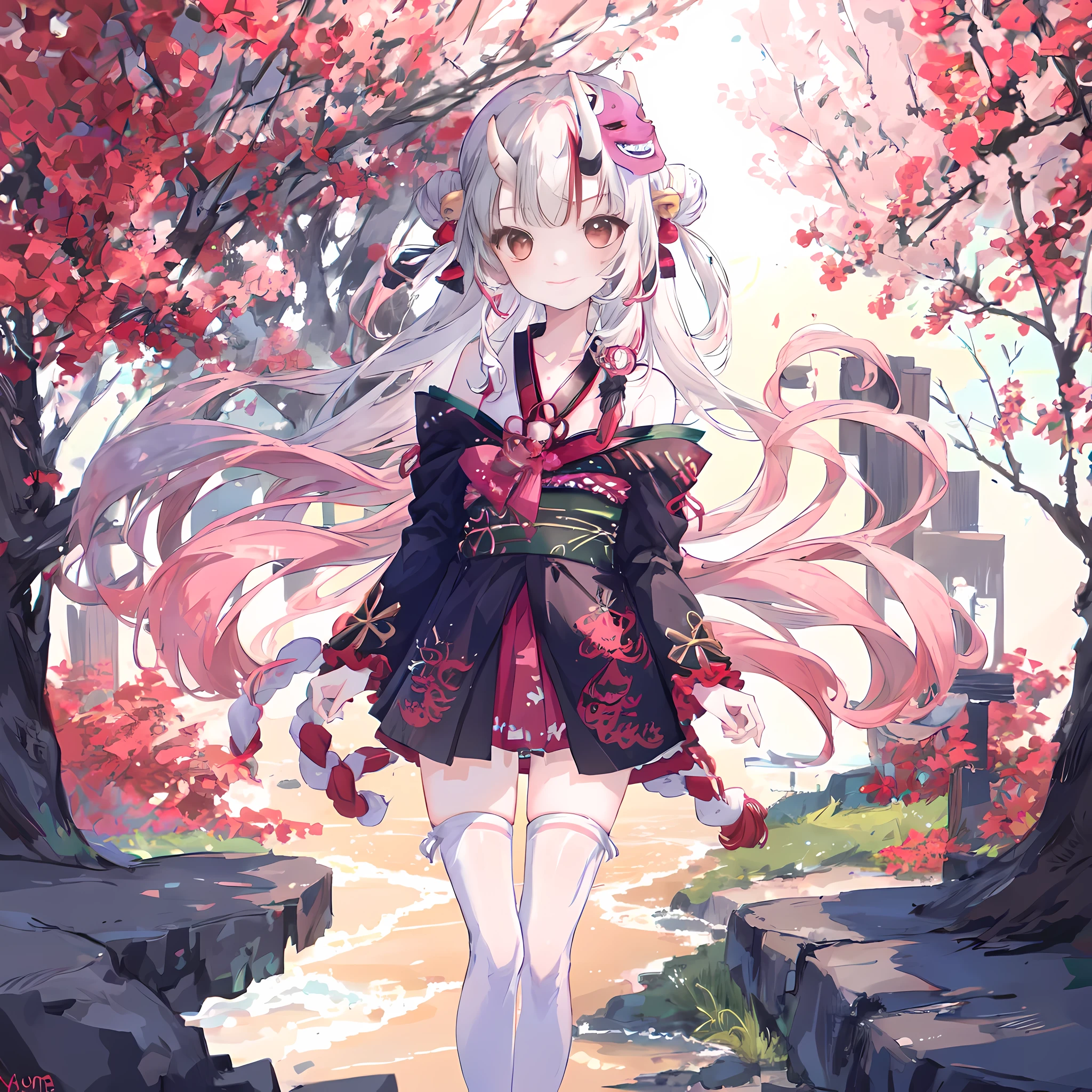 masterpiece, best quality, ridiculous, perfect anatomy, 1 girl, alone, Kiri Ayame, long hair, twice as good, Ayame base, black kimono, Hairbell, Heart, white stockings, bare shoulders, long sleeves, ghost mask, Wear a mask on your head, outdoor, permanent, Cherry tree, Put your arms behind your back, Smile
