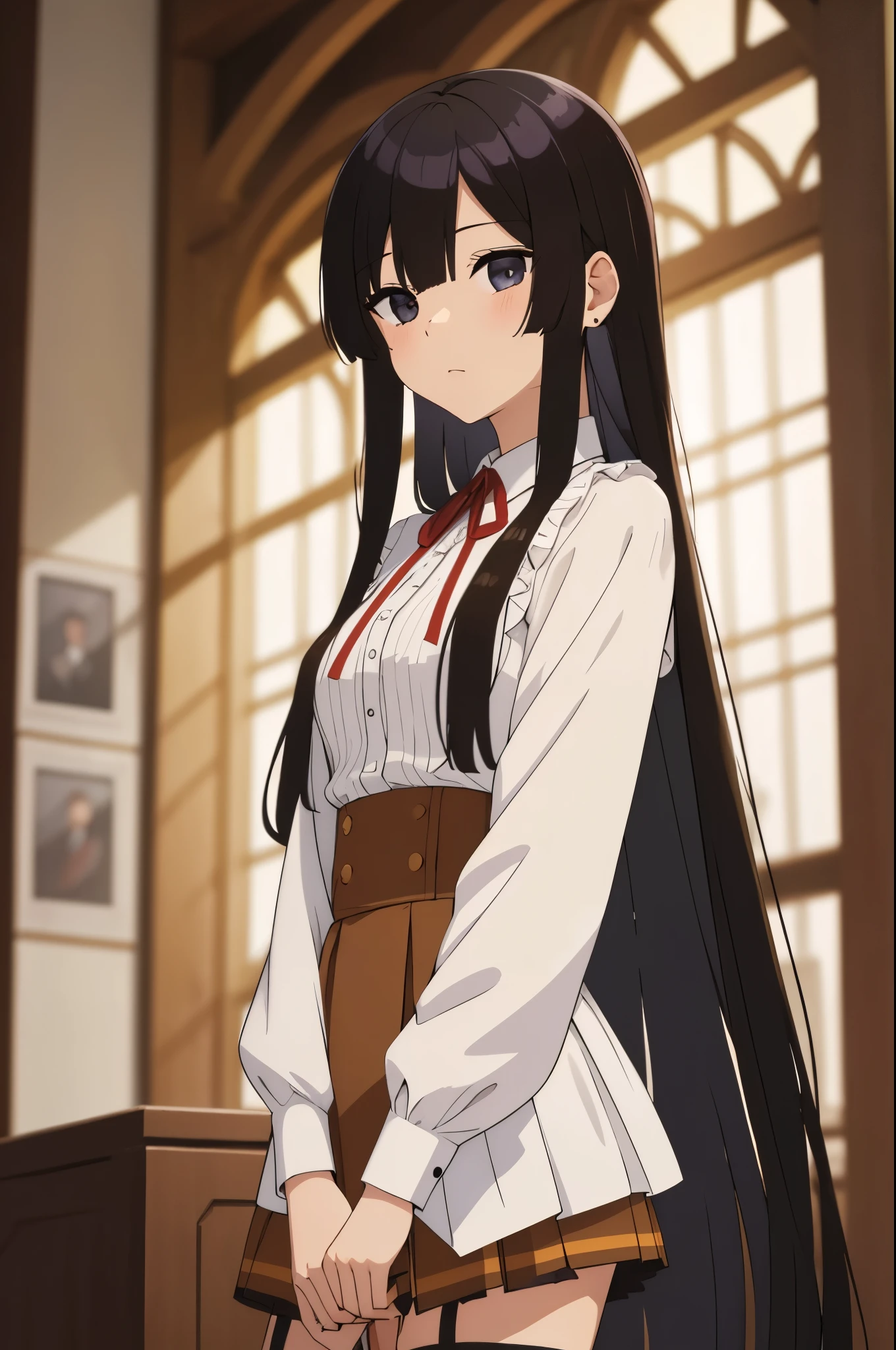 eumi, 1girl, solo, long hair, blunt bangs,bangs, black hair, black eyes, looking at viewer, shirt, long sleeves, ribbon, closed mouth, , white shirt, pleated skirt, frills, puffy sleeves, brown skirt, black thighhighs, red ribbon, neck ribbon, expressionless,