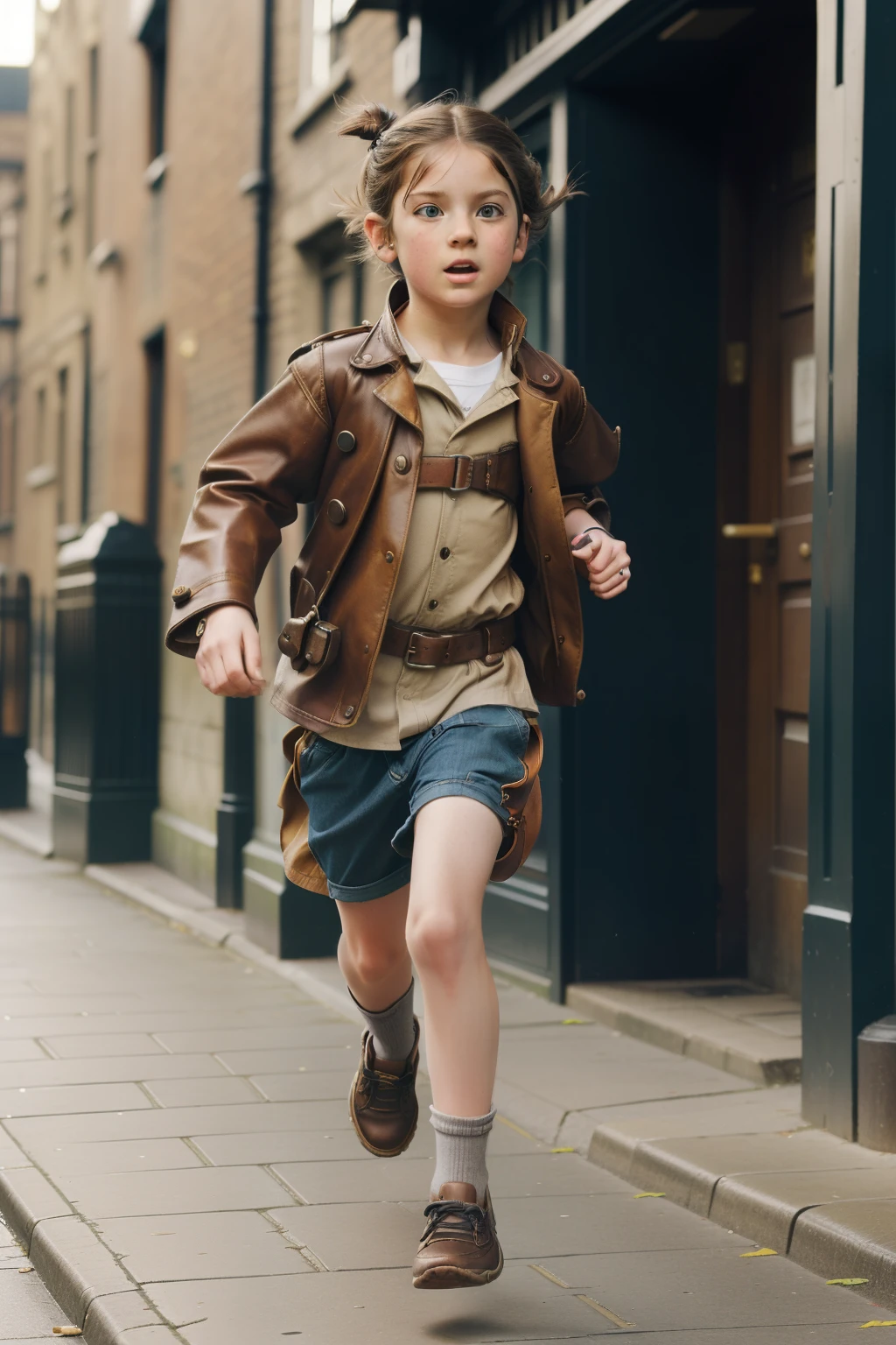 Steampunk London, 2009. ((((-yeld)) s Brightwell)), rascal boy, running fast through the streets, sprinting, newsbag, ((scared look)). ((((casual clothings from the 2000s)))) ((hairstyle of the 2000s))