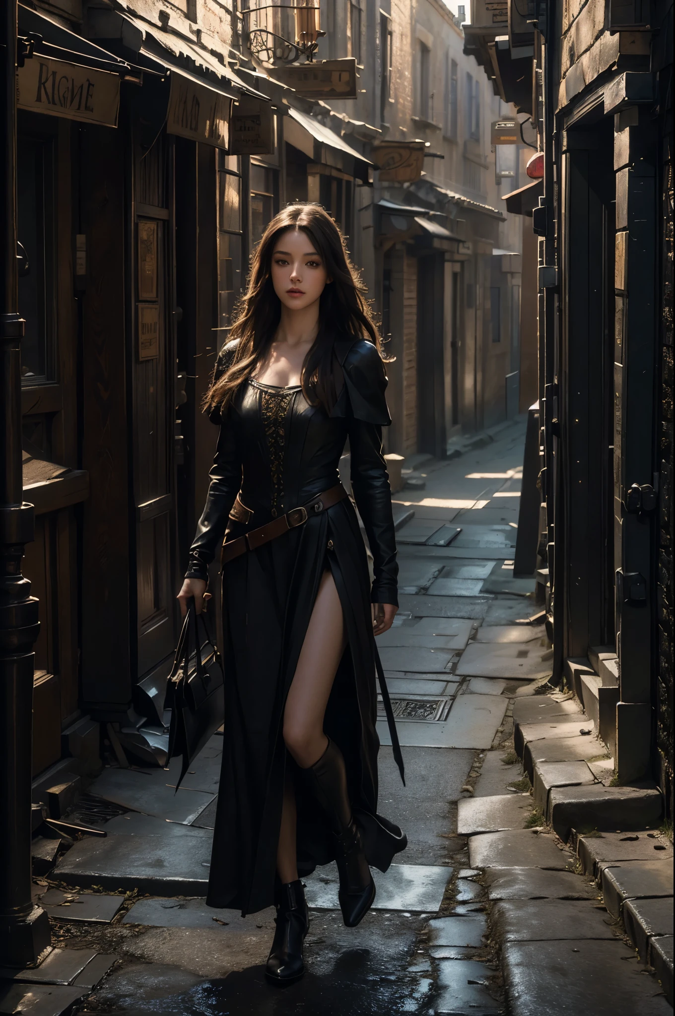 (masterpiece:1.2), (best quality,:1.2), 8k, HDR, ultra detailed, ((photorealistic)), perfect anatomy, professional light, cinematic lighting, fashion photography, ambient lighting,a realistic medieval alley, ((daytime)), sunlight, DarkFantasy, epiCPhoto