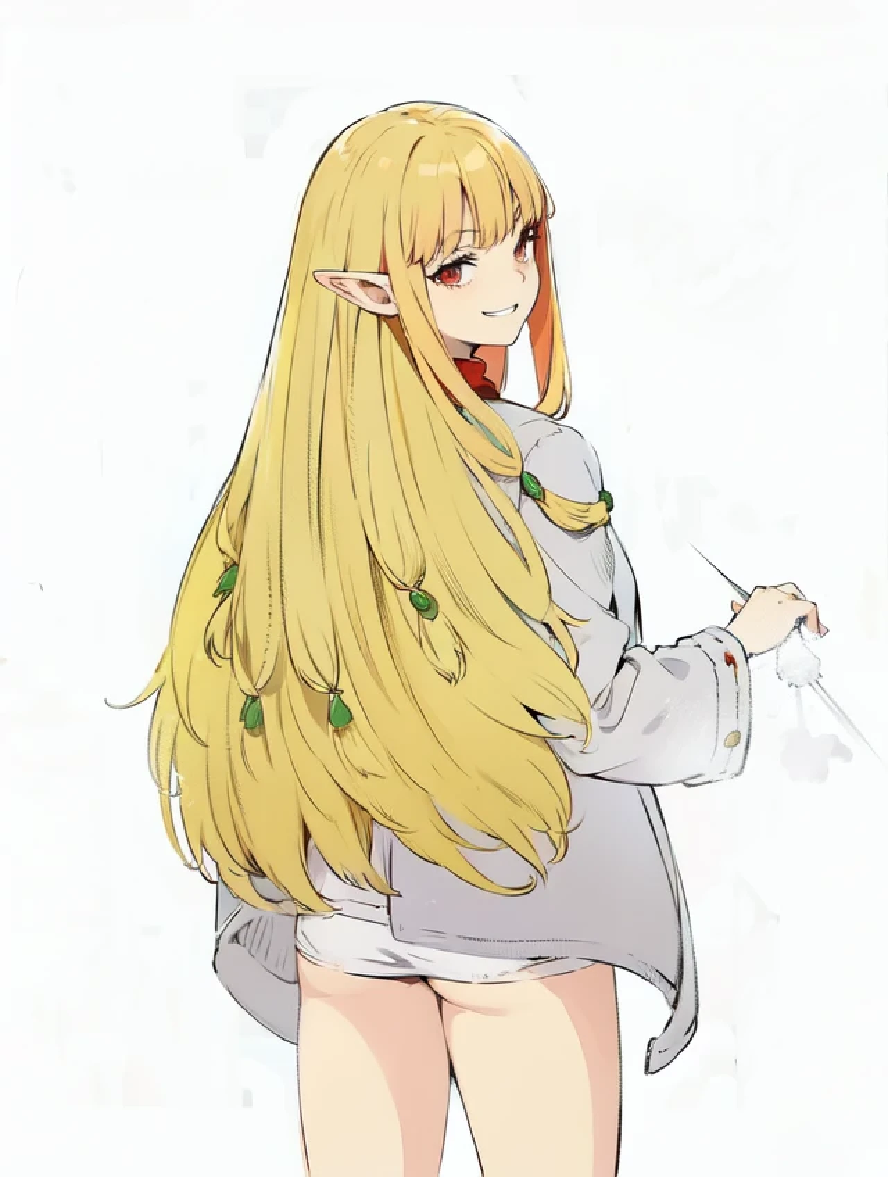 anime elf with long red hair and a coat, the hime cut,