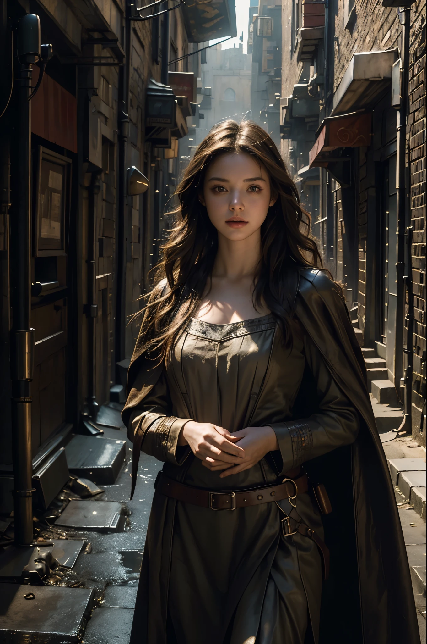 (masterpiece:1.2), (best quality,:1.2), 8k, HDR, ultra detailed, ((photorealistic)), perfect anatomy, professional light, cinematic lighting, fashion photography, ambient lighting,a realistic medieval alley, ((daytime)), sunlight, DarkFantasy, epiCPhoto