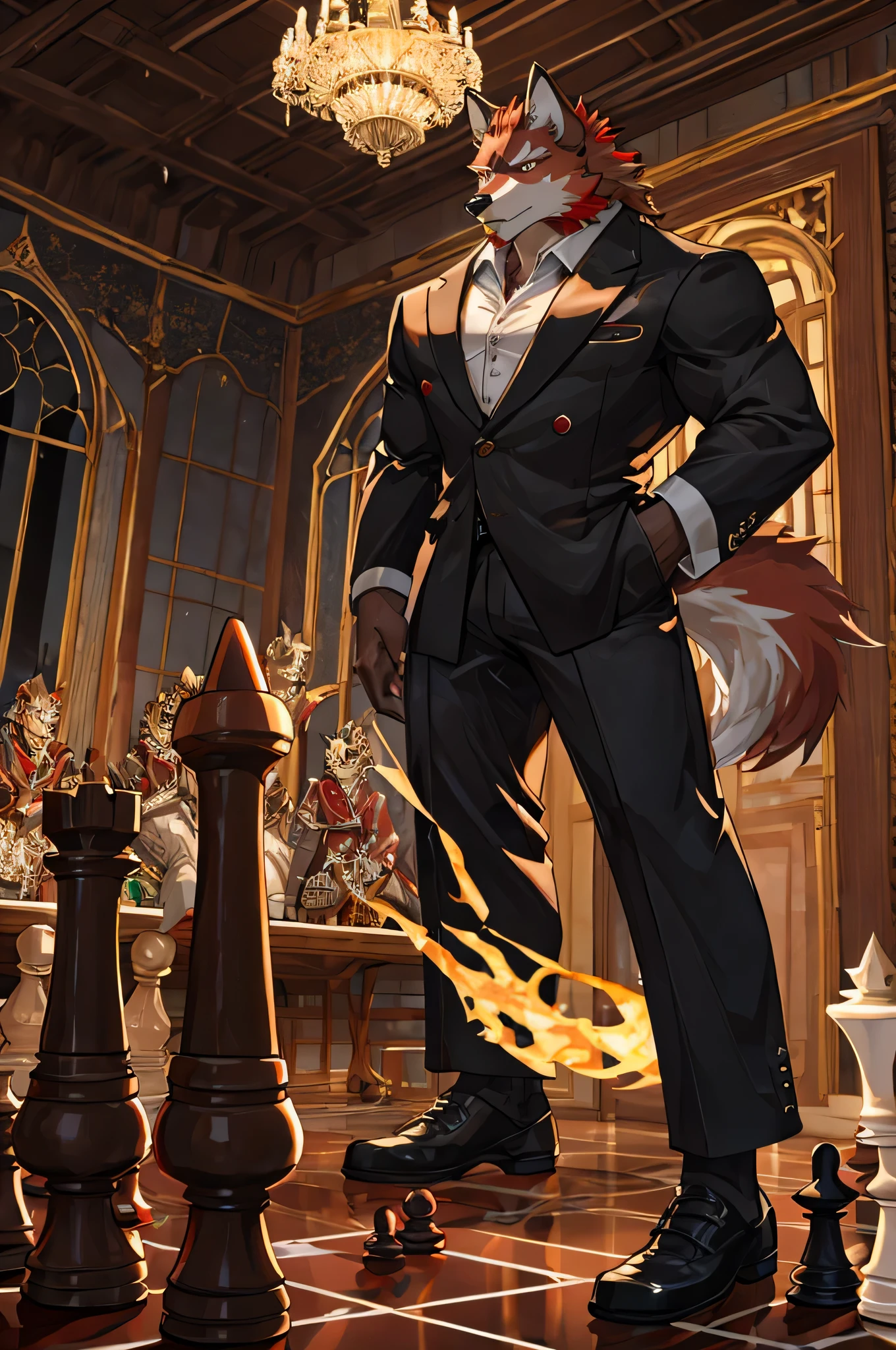 (Red Wolf,male,muscular,suit,chess) hint: a Red Wolf, a muscular male wolf wearing a stylish suit, playing chess on a beautifully crafted chessboard. The wolf has striking fiery red fur and piercing yellow eyes，Exuding strength and wisdom. It is tall and confident, its muscles defined under the sleek suit. The suit fits perfectly, Highlight his strong physique. The chessboard is made of exquisite dark wood, Featuring intricate carvings and smooth surfaces. The chess pieces are meticulously designed, Create a sense of elegance and sophistication. The light is very soft, Casts a warm glow on the image of the wolf，It creates a dramatic atmosphere. The overall color is mainly dark red, Castanhos escuros, and a hint of gold, enhancing the regal and commanding presence of the Red Wolf.