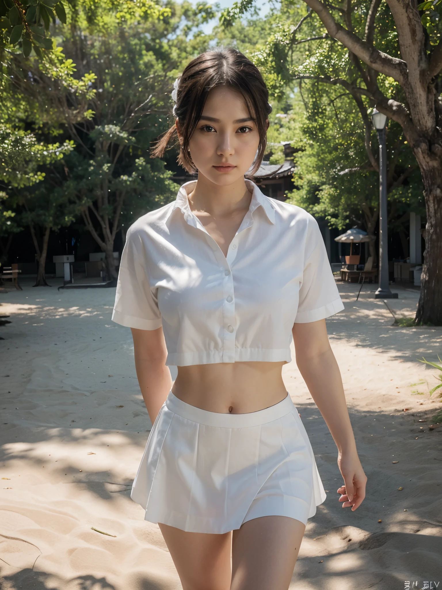 (8k, RAW photo, best quality, masterpiece:1.2), ultra detailed, ultra high res,an extremely delicate and beautiful, extremely detailed, Amazing, finely detail, huge file size, official art, extremely detailed CG unity 8k wallpaper, beach shore,1girl, short hair, (23 years old:1.2), cute girl, chinesse japan oriental look, sexy look, kawaii,realistic body, ,(white shirt,mini white skirt), outdoors, daylight, public, crowd,dynamic lighting, ultra cinematic scene