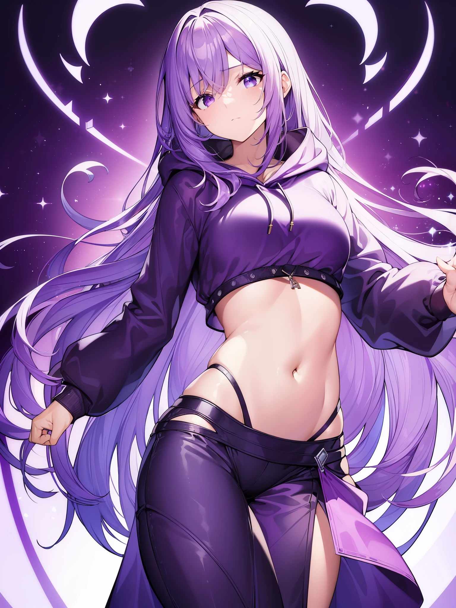 (masterpiece、highest quality:1.6)、Alone、thick outline、(simple background、Vivid purple background、monochrome、bright purple theme:1.2)、official art、Key Visual、8K、confusion、whole body、(Unique hair、oversized hoodie) 、hot pants、arch back、short torso:1.2)、belly button、thighs、cowboy shot、HDR、sharp focus、High resolution、most detailed、very detailed、very detailed、finely、detailed eyes and face、sharp pupils、real student、one person、purple and white contrast、one person、put one's hand in one's pocket