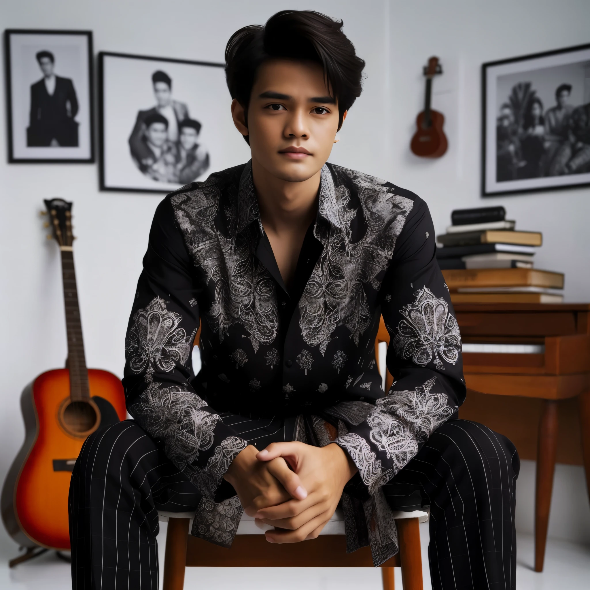 Prompt:
foto asli pemuda tampan orang indonesia berkulit coklat, rambut keren dan memakai batik hitam motif putih khas indonesia serta celana panjang warna hitam, sedang duduk di kursi studio dengan background ruangan putih memakai dekorasi gitar dan bingkai foto, wajah sangat detail dan jelas, upscale, hdr, auto fokus, perfect photo, very sharp