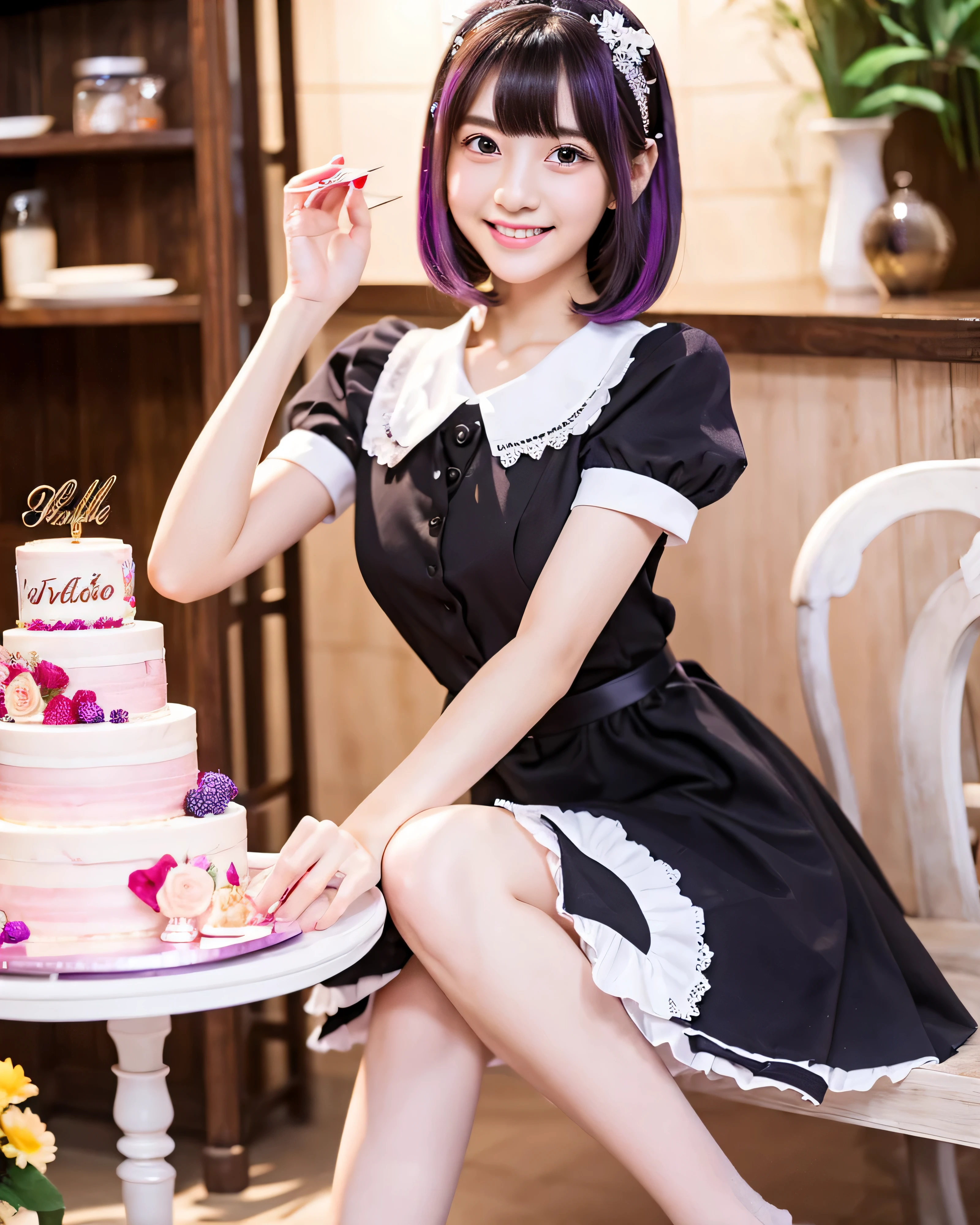 (whole body:1.5) beautiful japanese girl、big magical eyes、detailed purple eyes、pale pink lips、thin eyebrows、Modern Cafe、18 year old beautiful girl、A slender、smooth soft skin、bob cut、detailed dark purple hair、Asymmetrical bangs、bright interior、apron dress、Maid clothes、knee socks、I have a tray、The tray contains drinks and cake.、Detailed beautiful legs、gentle smile、professional lighting、Professional photographer