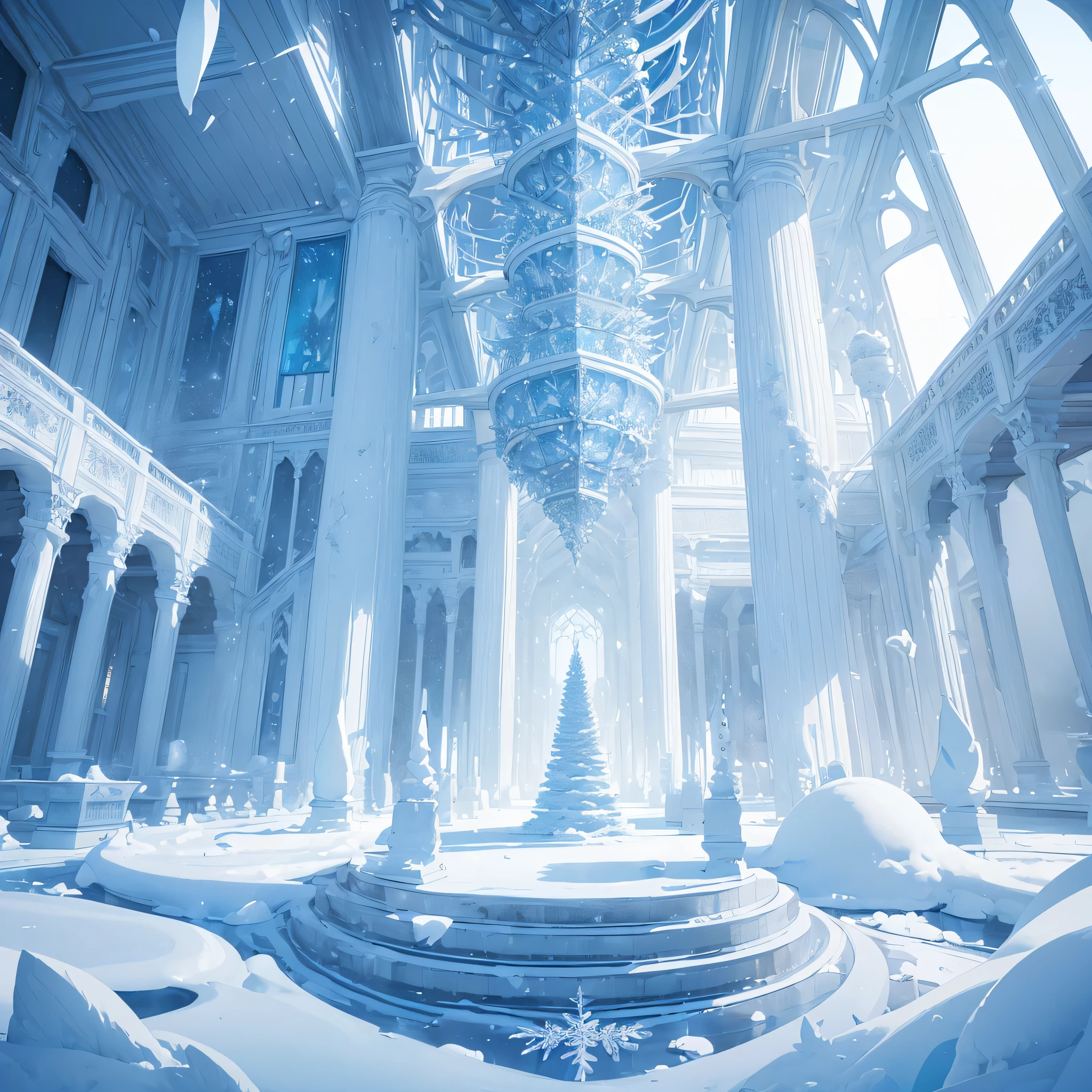 (Light blue-white tones，Shocking and magnificent uninhabited landscape，Silent Snow City World)，quiet，healing feeling，((Falling white feathers))，snowflake crystal structure，(best quality，masterpiece，Extremely complex and exquisite details)，scenography