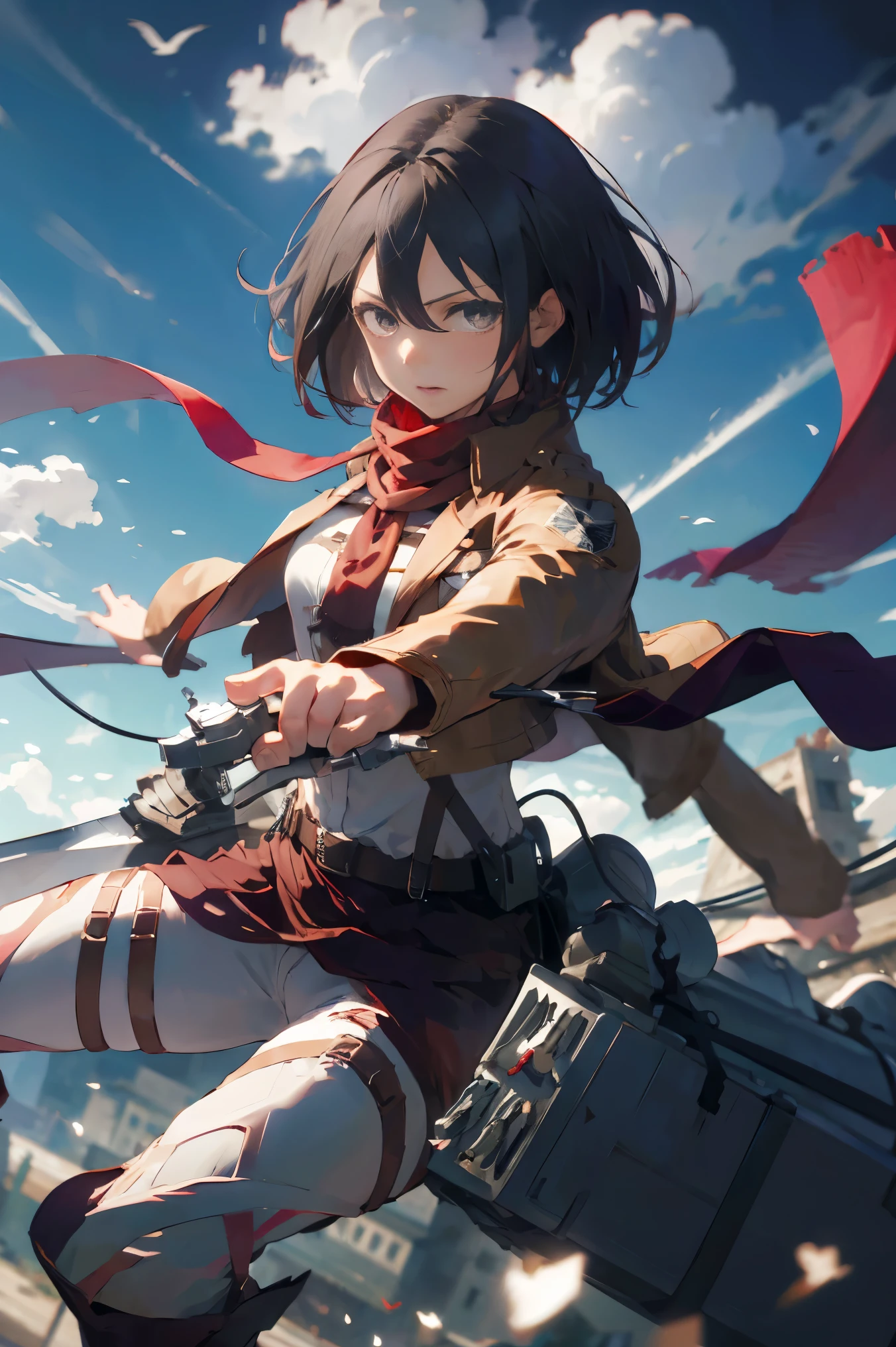 masterpiece, best quality, highres, hmmikasa, short hair, black eyes, scarf, emblem, belt, thigh strap, red scarf, white pants, brown jacket, long sleeves, holding weapon, sword, dual wielding, three-dimensional maneuver gear, fighting stance, sky,