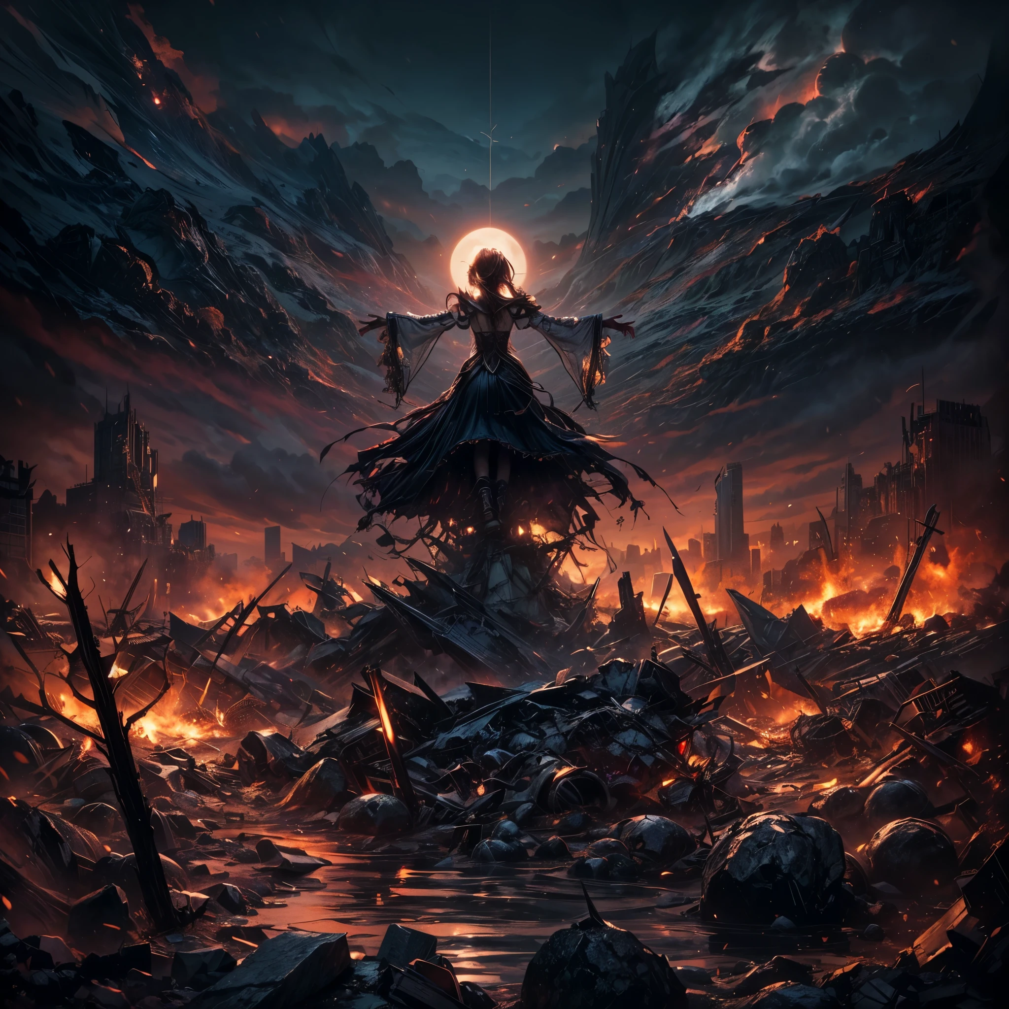 a picture taken from a video game shows, 1 girl,(long hair:1.2),(long hair is fluttering:1.7) Ultra-detailed, best quality, post apocalypse background, standing on a large pile of rubble in the center,spread your hands far away, grim Reaper,God frightening, backlit, shadow, blue, night, full moon, mysterious, tattered maid clothes, facing backwards, Symmetrical, Unreal Engine, Octane Render, Realistic, Photorealism, 16k,