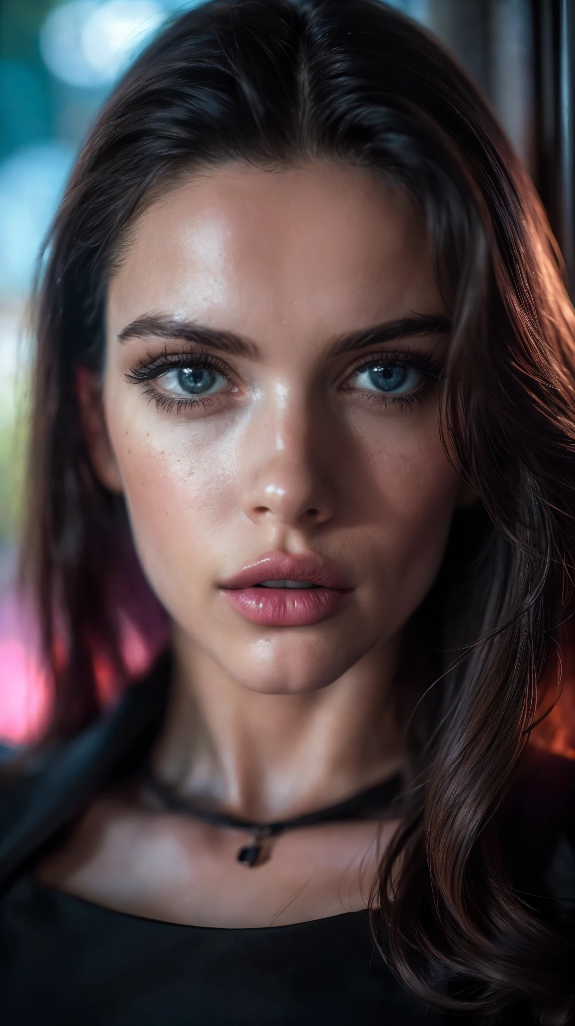 (((ultra realistic))) Photo, masterpiece, top quality, (pale skin), (Ultra detailed face and eyes:1.3), 1 girl, Adult, in a T-shirt, (Eye makeup, mascara) , ((large detailed lips)), ((Dark wavy hair)), ((Chyolka)) , (Natural breasts), Slim waist. ((Posing)), photoshoot, studio (soft lighting), (The play of light and shadows), depth of field, bokeh, (special attention to skin detail: 1.2), Detailed leather texture, skin pores. (Warm atmosphere of the frame. Color range - black, purple, Pink, blue tones), UDR, ((Film grain)), ((rays)), ((Glare)), ((Photo to the waist, close to the camera)) , ultra detialed,