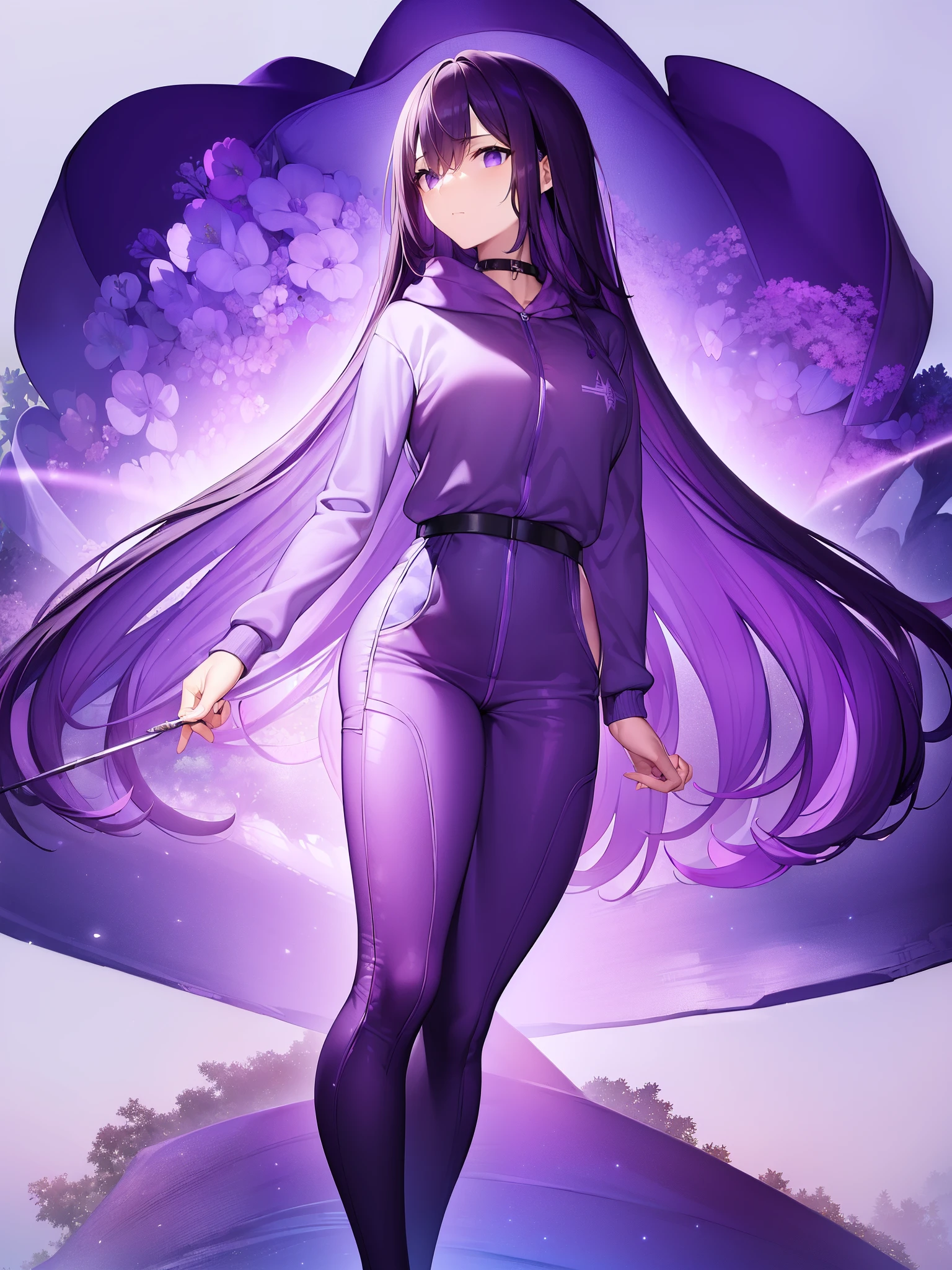 (masterpiece、highest quality:1.6)、Alone、thick outline、(simple background、Vivid purple background、monochrome、bright purple theme:1.2)、official art、Key Visual、8K、confusion、whole body、(Unique hair、oversized hoodie) 、hot pants、arch back、short torso:1.2)、belly button、thighs、cowboy shot、HDR、sharp focus、High resolution、most detailed、very detailed、very detailed、finely、detailed eyes and face、sharp pupils、real student、one person、purple and white contrast、one person、put one's hand in one's pocket