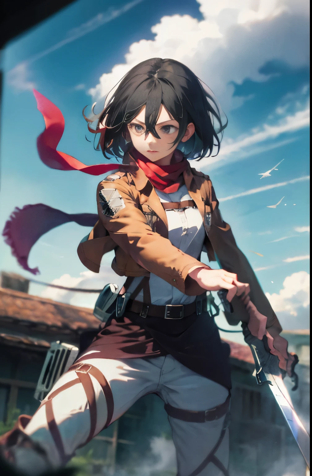 masterpiece, best quality, highres, hmmikasa, short hair, black eyes, scarf, emblem, belt, thigh strap, red scarf, white pants, brown jacket, long sleeves, holding weapon, sword, dual wielding, three-dimensional maneuver gear, fighting stance, sky, highest quality, high resolution.