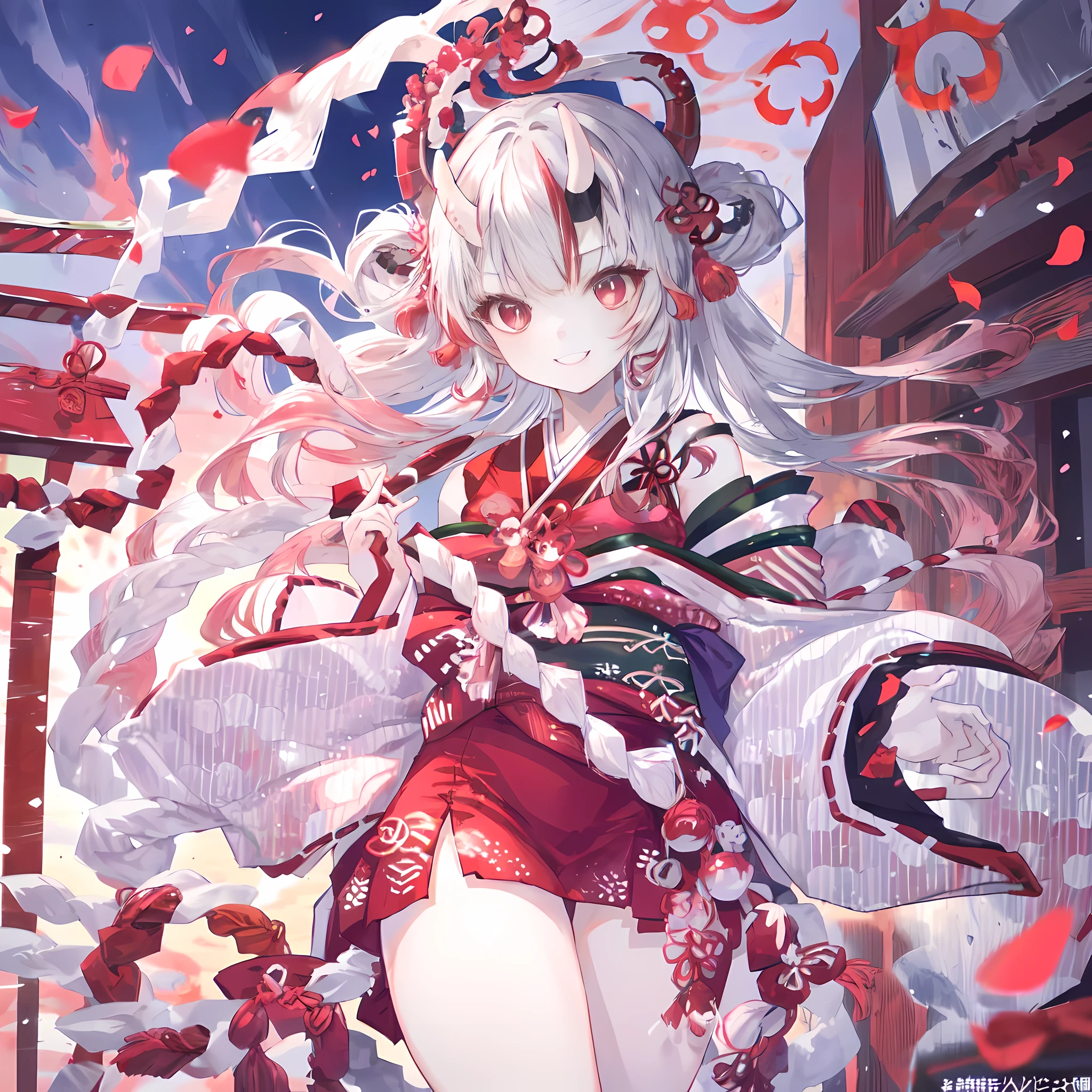 official art, on the table, sharp focus, (Beautiful gorgeous and cute Japanese woman:1.3), (Beautiful and cute Japanese woman:1.3), exquisite beautiful hair、eyes and face, actual, Super detailed, beautiful girl, from below, dramatic lighting, night, an old japanese town, bonfire, Red petals, What a big butt, smile with teeth, (smile with eyes, open your eyes), landscape, long, straight hair, sexy facial expression, dynamic hair, Delicate platinum silver hair, (Red Japanese armor), (red corner), dark background, ((holding katana)), long sword, red sword, red eyes, (walk), Soldier, accurate hand指, accurate hand