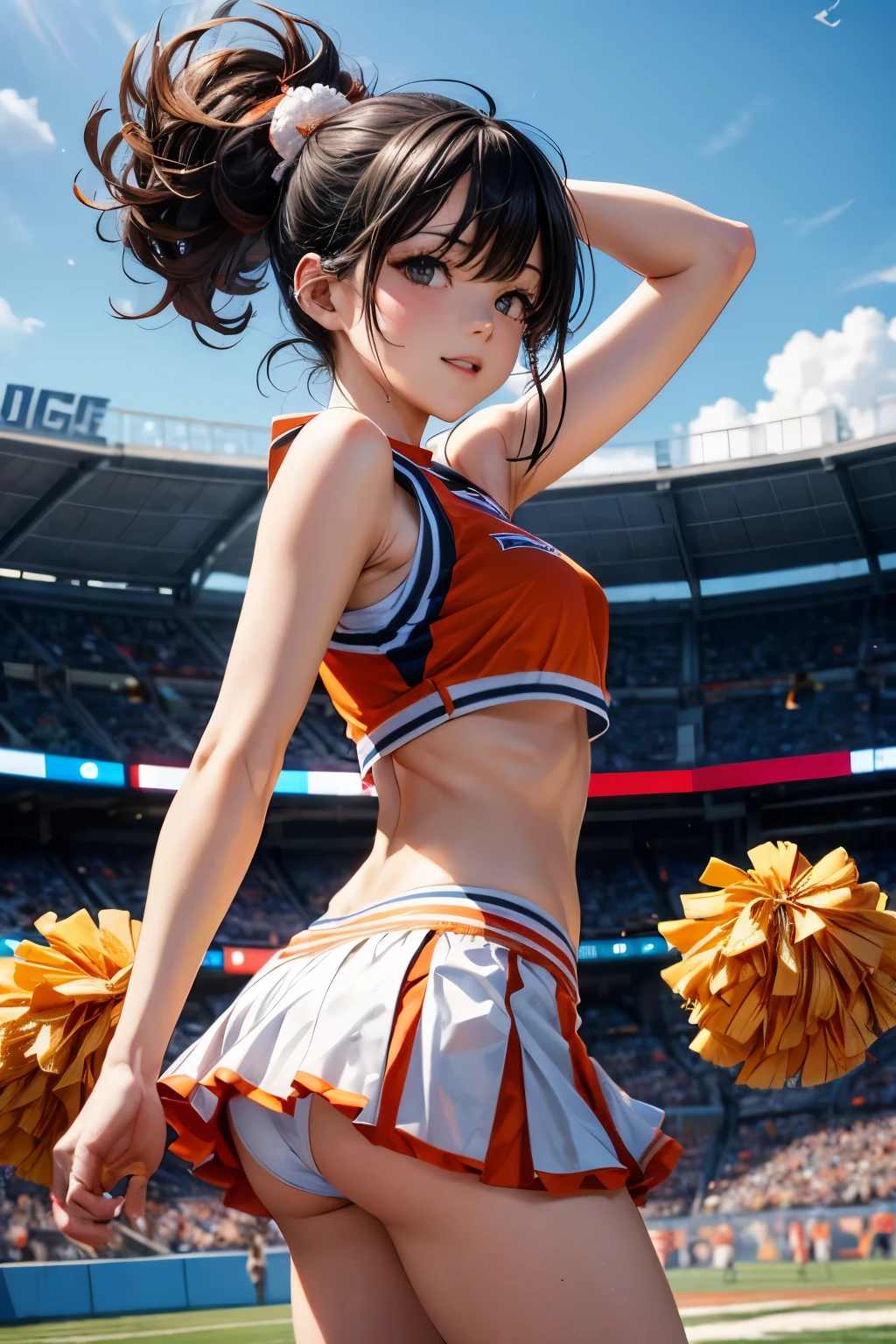 very cute and beautiful cheerleader girl,(highly detailed beautiful face),(holding pom poms:1.12),(laugh), (stadium stands),cowboy shot,dynamic pose,white panties,(sleeveless orange shirt),beautiful legs,looking at viewer,black hair, (best quality,masterpiece:1.2),absurdres,highres,ultra-detailed,extremely detailed,32k,8k resolution, intricate details,cinematic scene,detailed background,solo,dynamic angle, hair fluttering in the wind,beautiful detailed sky,