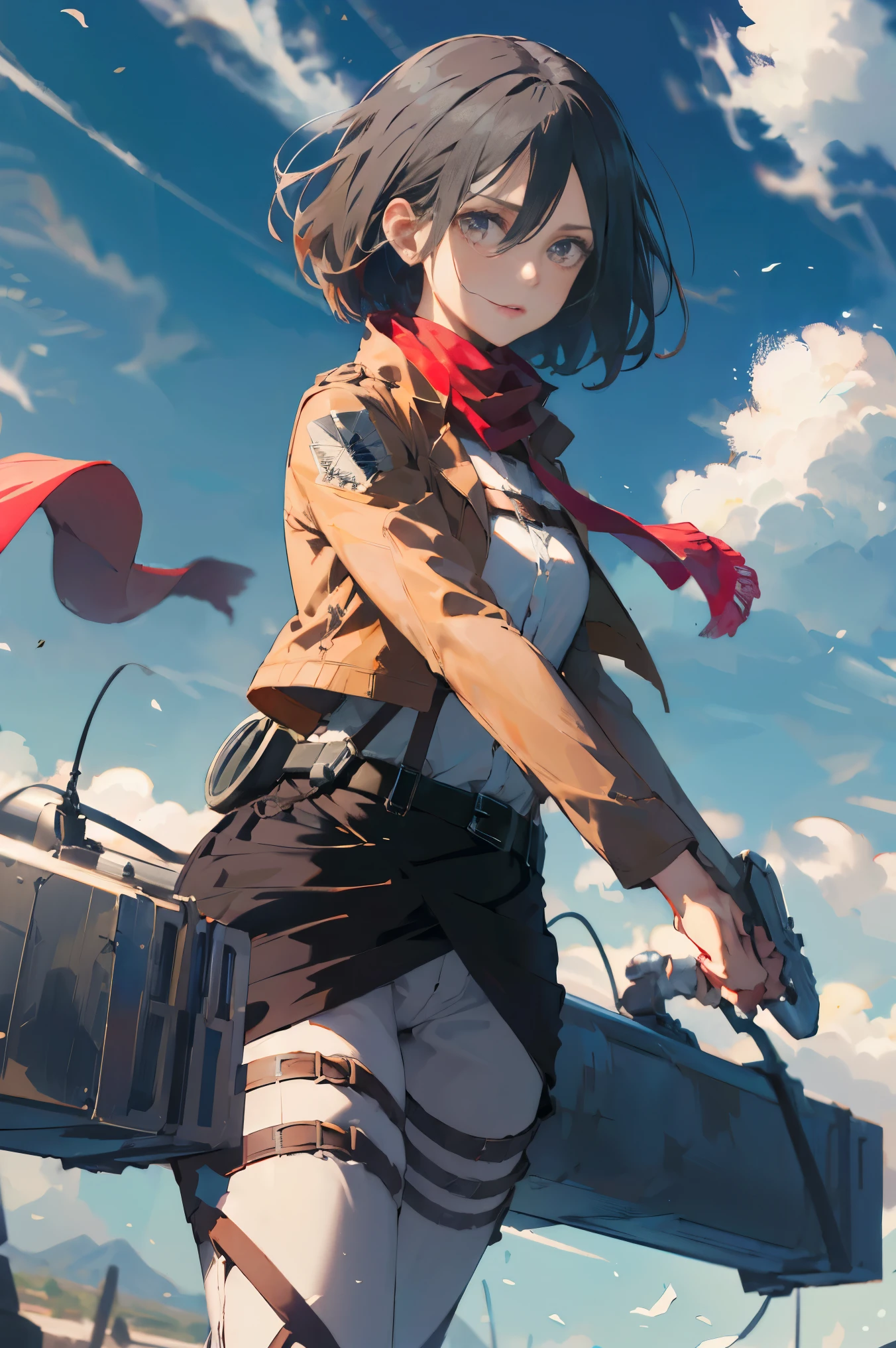 masterpiece, best quality, highres, hmmikasa, short hair, black eyes, scarf, emblem, belt, thigh strap, red scarf, white pants, brown jacket, long sleeves, holding weapon, sword, dual wielding, three-dimensional maneuver gear, fighting stance, sky,