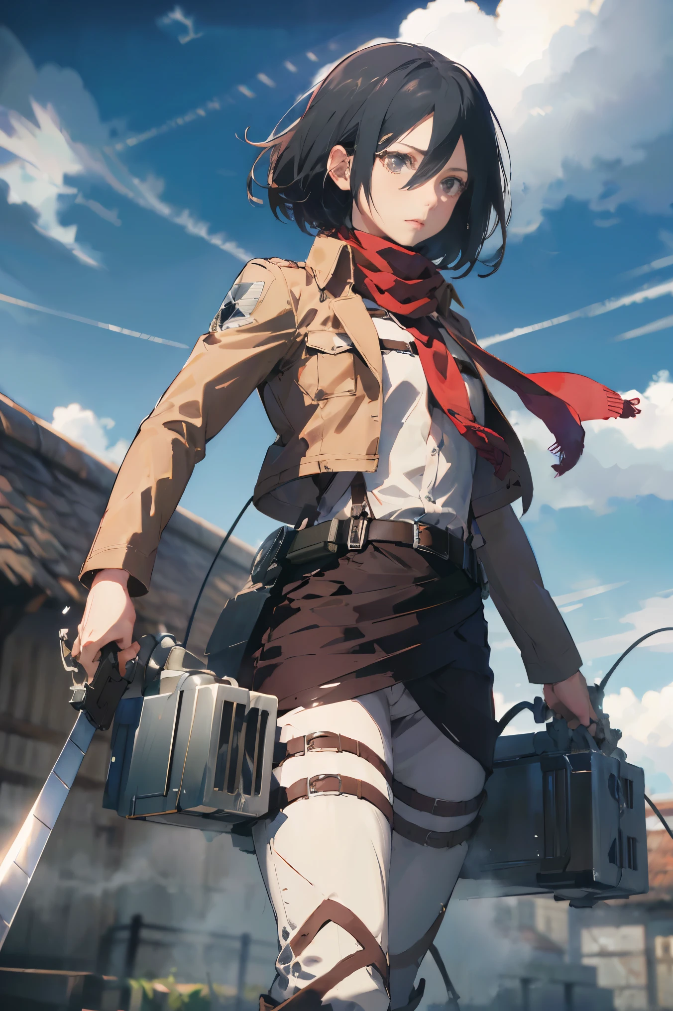 masterpiece, best quality, highres, hmmikasa, short hair, black eyes, scarf, emblem, belt, thigh strap, red scarf, white pants, brown jacket, long sleeves, holding weapon, sword, dual wielding, three-dimensional maneuver gear, fighting stance, sky,