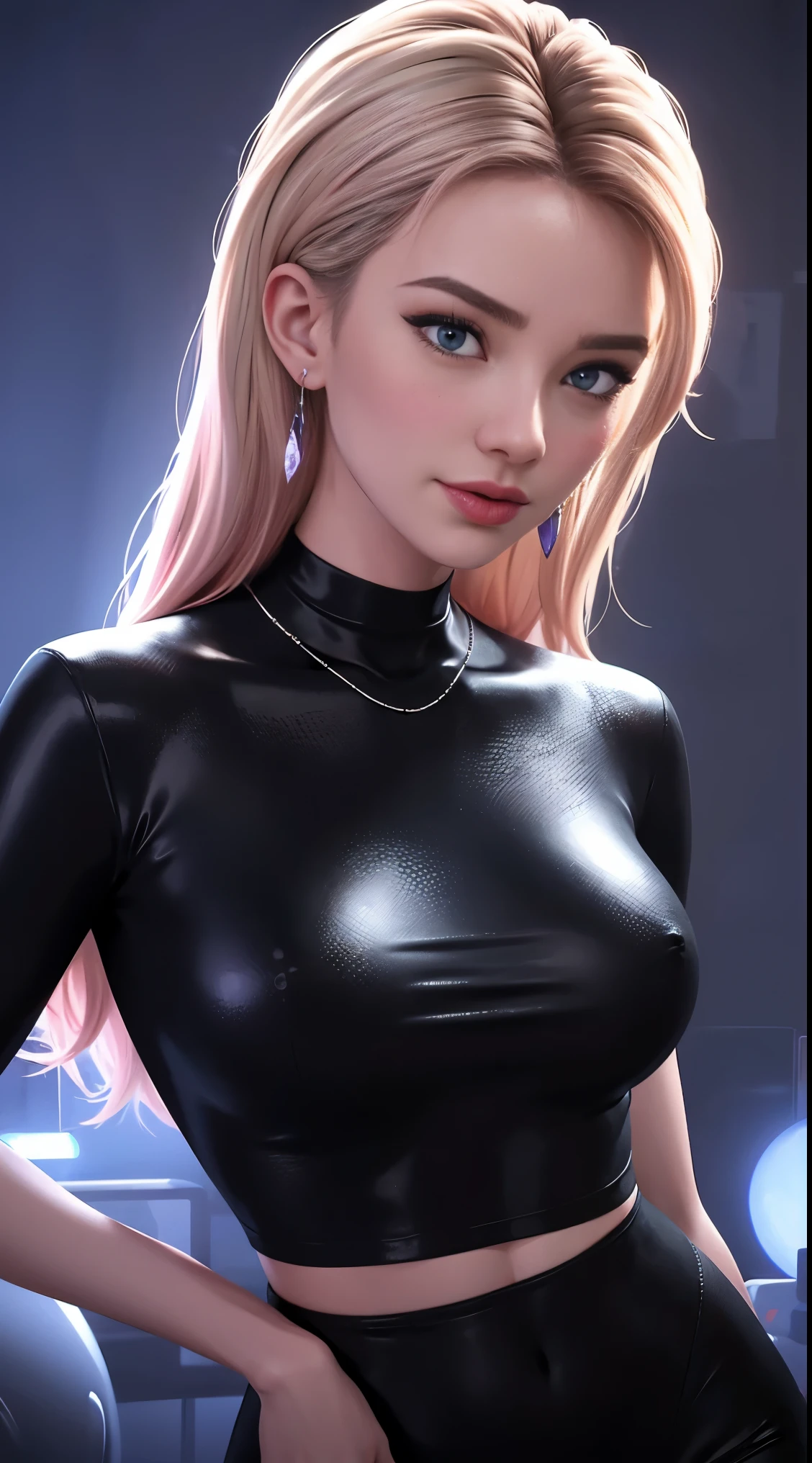 realistic, realism, photorealism, photo-realistic, high contrast, (photorealistic:1.4), (perfect female figure), 8k high definition detailed realistic, (best quality, masterpiece:1.2), photon mapping, radiosity, physically-based rendering, best quality, highly detailed, 1girl, sgwen, in sexy grey leggins, black fancy patterned crop top, cute spider chain on chest, cute fancy earrings, wearingmake-up, blush make-up, making a party in disco, shy blushing, tongue, happy, smirks, sexy huge giant horny titts, blue beatiful fixed eyes, drunked and nasty, party peoples in background, party lighting, view from head to legs