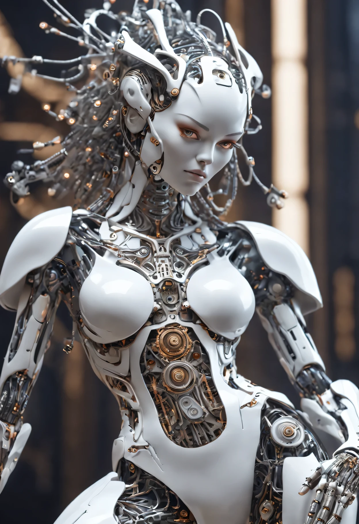 Sophisticated 3D rendering of ultra detailed beautiful ceramic silhouette mechanical warrior woman , cyborg, robot parts, Beautiful studio soft lighting, rim light, Vibrant details, Luxury Cyberpunk, lace, hyperactual, anatomical, cable wires, microchip, elegant, beautiful background, octane rendering, H. r. Fixture style, 8k, best quality, masterpiece, illustration, extremely delicate and beautiful, Very detailed ,CG ,unity ,wallpaper, (actual, photo-actual:1.37),amazing, Exquisite details, masterpiece,best quality,official art, Very detailed CG unity 8k wallpaper, ridiculous, incredibly ridiculous, , Silver beads, whole body,