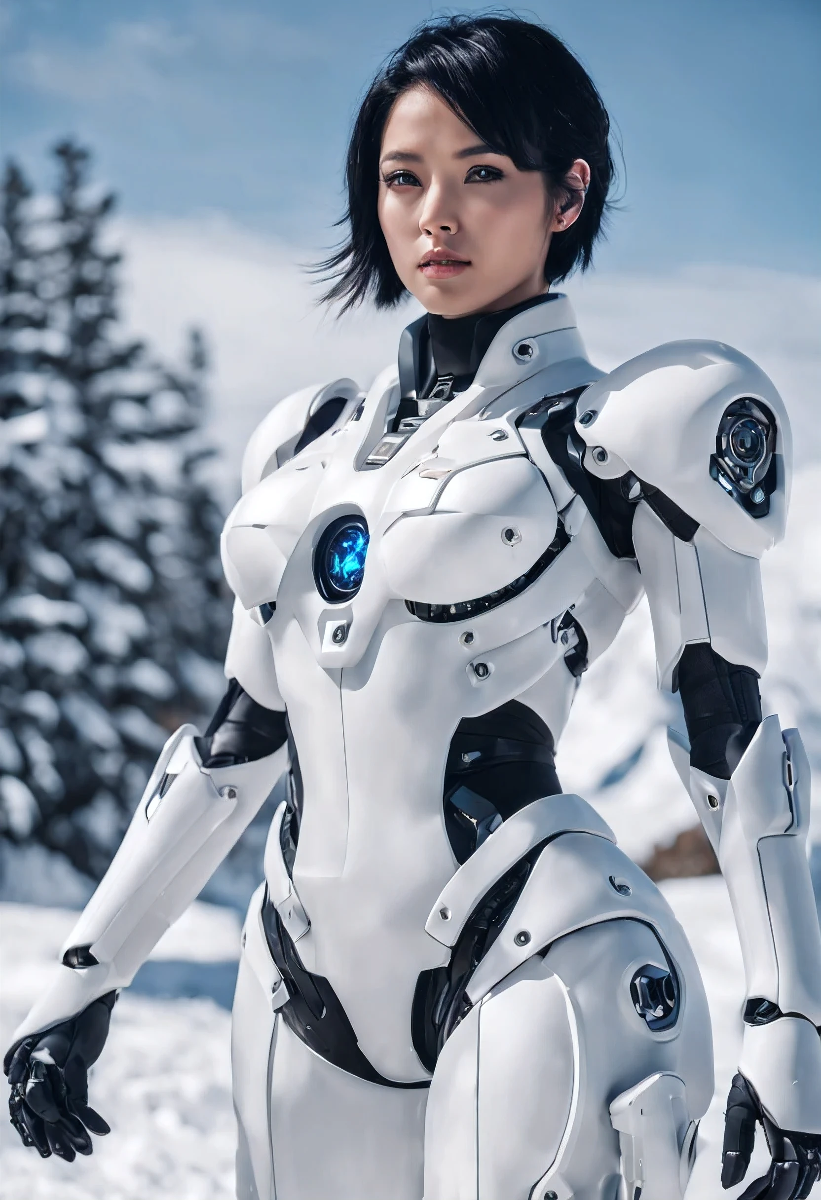 a picture of a female wearing a white mecha suit in snow place, beautiful face, black hair, short hair