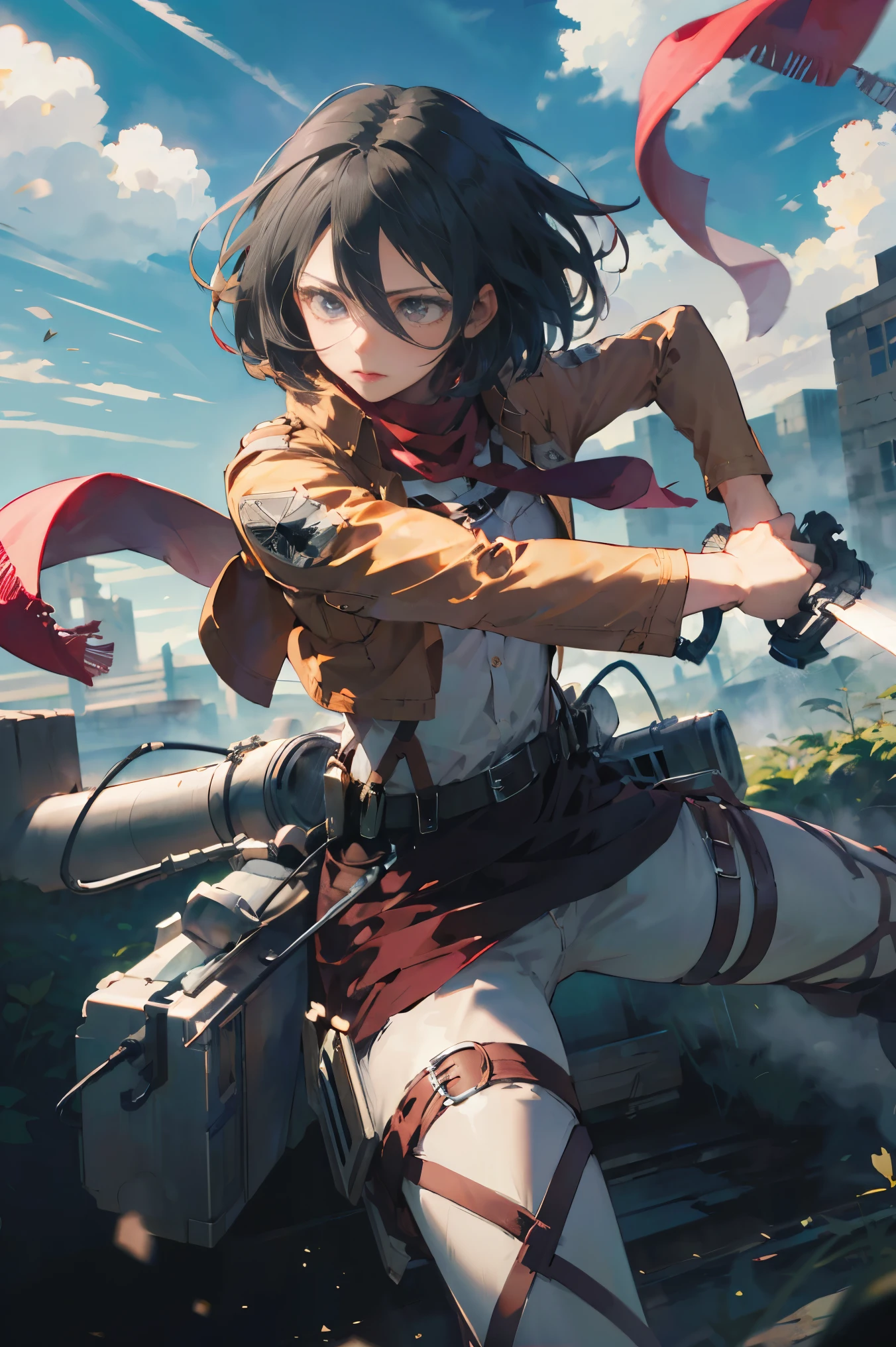 masterpiece, best quality, highres, hmmikasa, short hair, black eyes, scarf, emblem, belt, thigh strap, red scarf, white pants, brown jacket, long sleeves, holding weapon, sword, dual wielding, three-dimensional maneuver gear, fighting stance, sky,
