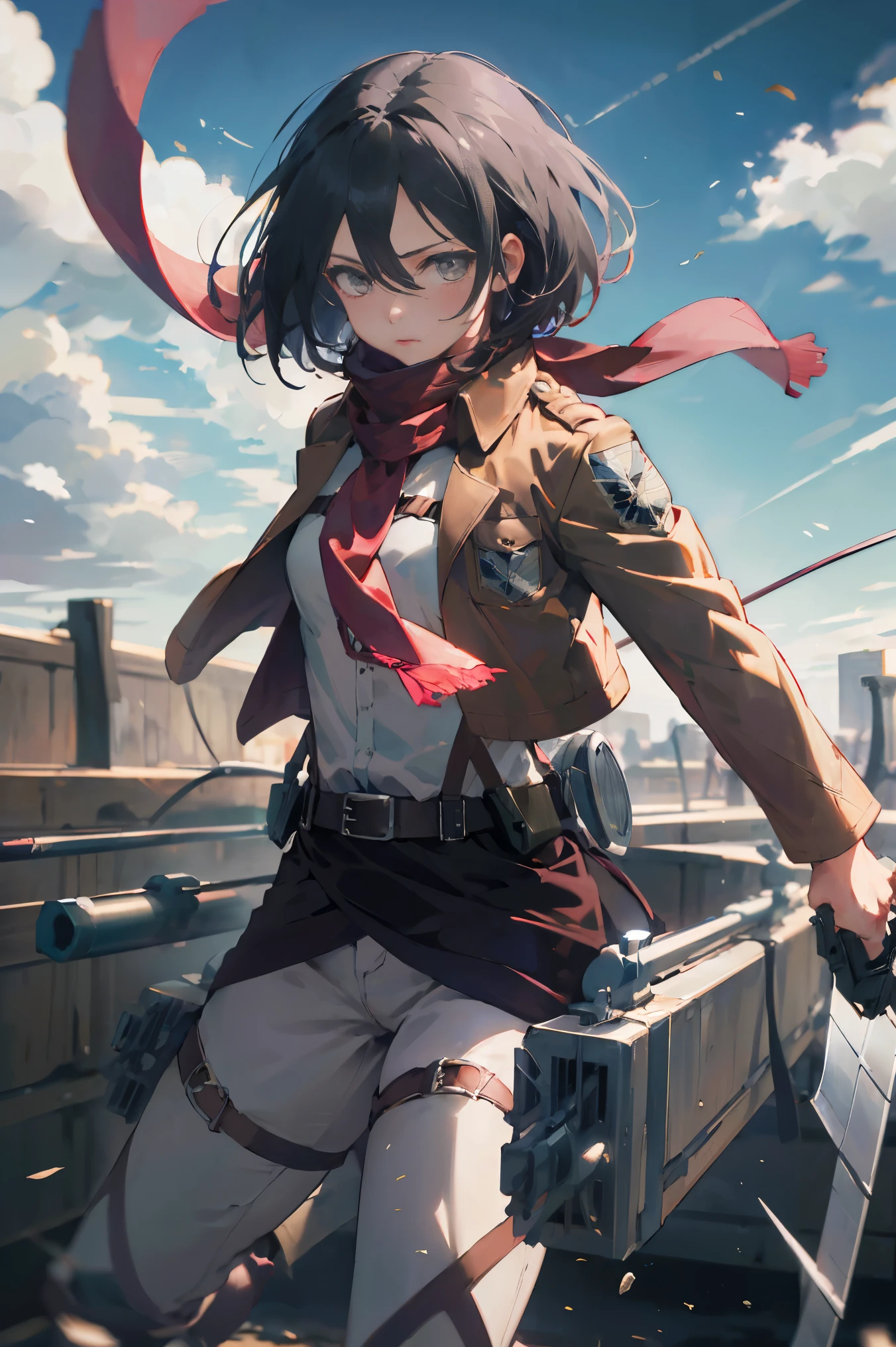 masterpiece, best quality, highres, hmmikasa, short hair, black eyes, scarf, emblem, belt, thigh strap, red scarf, white pants, brown jacket, long sleeves, holding weapon, sword, dual wielding, three-dimensional maneuver gear, fighting stance, sky,