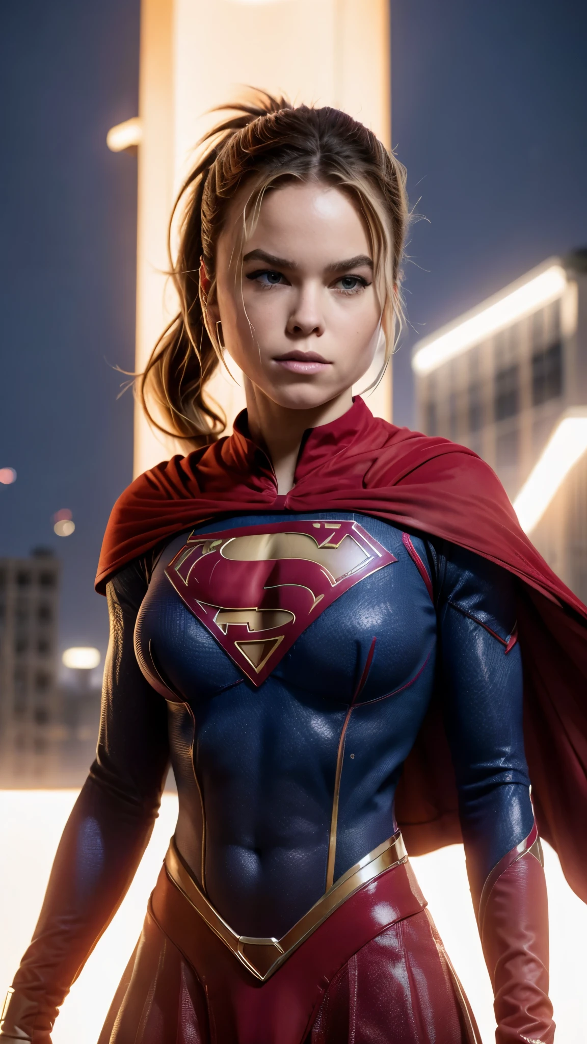 (Supergirl DC comics), Upper body shot, portrait photography, high contrast, vibrant colors, neon at night lights, best quality, masterpiece, sharp lines, 1girl, solo, looking at viewer, nice body suit, superhero style, ponytail hair, black hair, fight pose, thunderstorm, cape, outdoors, city, sky, clouds, detailed face, detailed eyes, detailed hair,