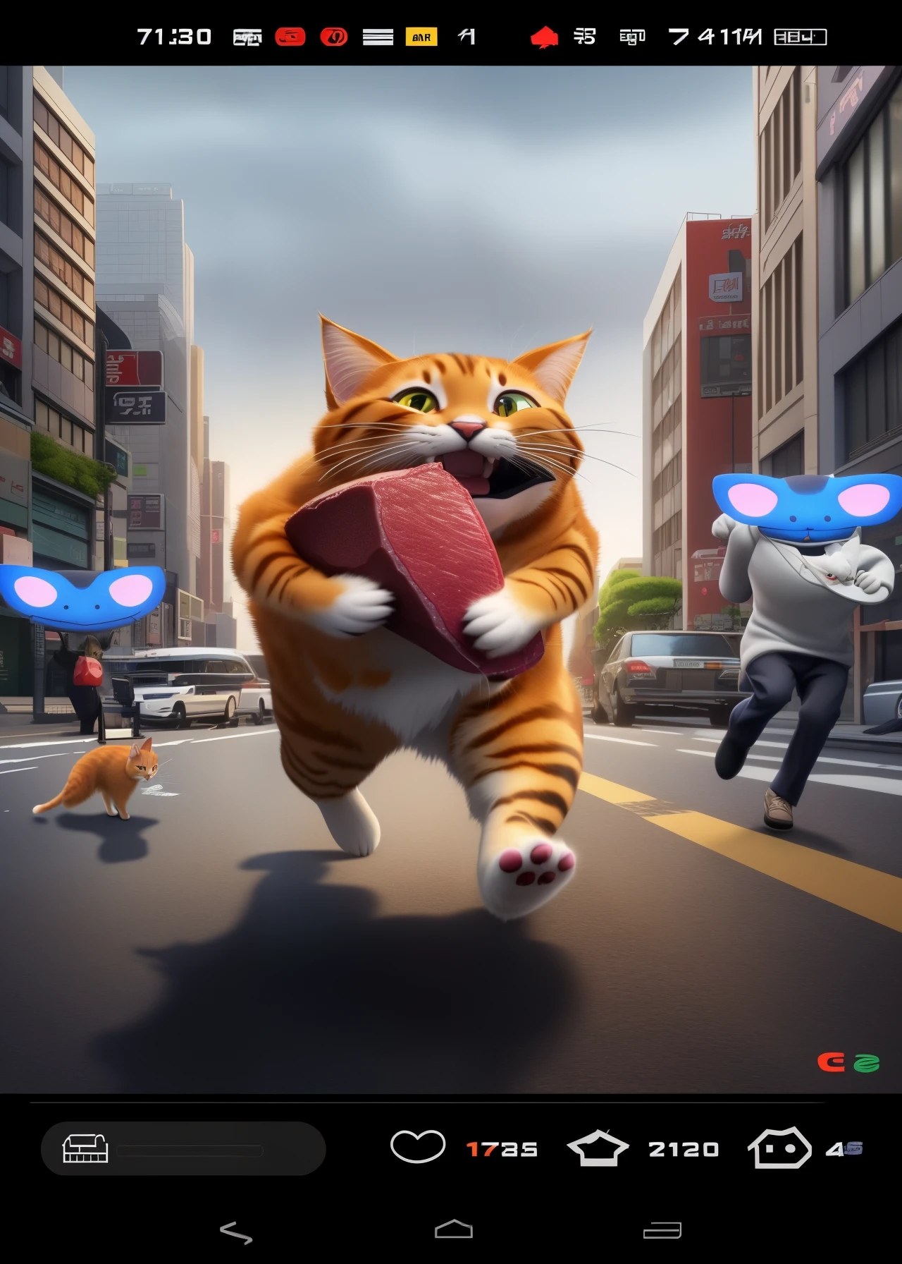 There is a cat biting a big steak，Run in the street, real-life Tom and Jerry, new cat, running cat, Tom and Jerry, cats attacking tokyo, hybrid of mouse and cat, catdog, disney's bambi cat, real person, the cat is walking, run for your life, cats , Garfield, very very realistic，32k HD resolution