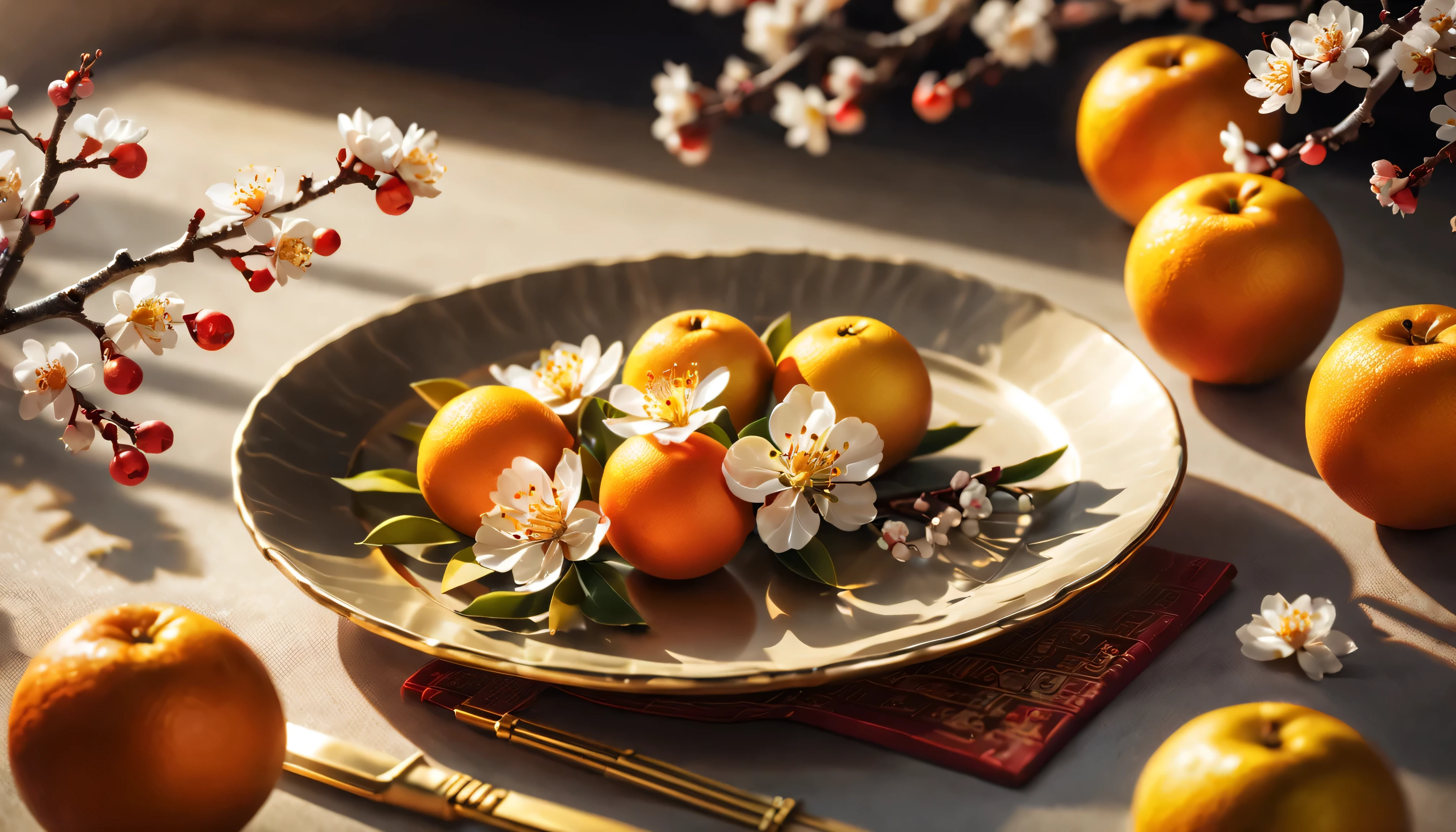 from above,Single white plum blossom close-up focused high definition image(Place below the screen Place outside the screen).There is a plate of oranges .Gold ingots .Red envelopes ...New Year elements.Simple festive textured bokeh background.New Year festive atmosphere..Leave blank.fresh, bright, Light and shadow are natural and soft.best quality.8k.romantic style.Festive style.Sophisticated and elegant.from above, ultra high definition, masterpiece, anatomically correct, best quality winter mood.Photo quality.ultra high definition, anatomically correct, Super details, high quality, high resolution, 8k.nobody