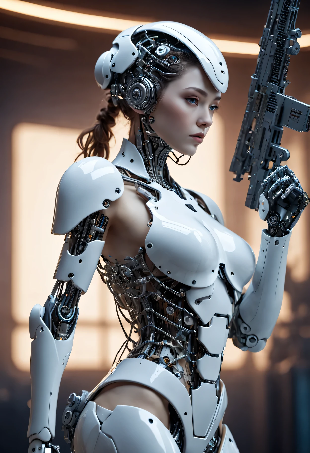 Complex 3D rendering ,Beautiful porcelain silhouette robot female warrior, cyborg, integrated circuit parts, huge futuristic rifle, Beautiful studio soft lighting, rim light, Vibrant details, Luxury Cyberpunk, lace, hyperactual, anatomical, cable wires, microchip, elegant, beautiful background, octane rendering, H. r. Fixture style, 8k, best quality, masterpiece, illustration, extremely delicate and beautiful, Very detailed ,CG ,unity ,wallpaper, (actual, photo-actual:1.37),amazing, Exquisite details, masterpiece,best quality,official art, Very detailed CG unity 8k wallpaper, ridiculous, incredibly ridiculous, Silver beads, whole body,
