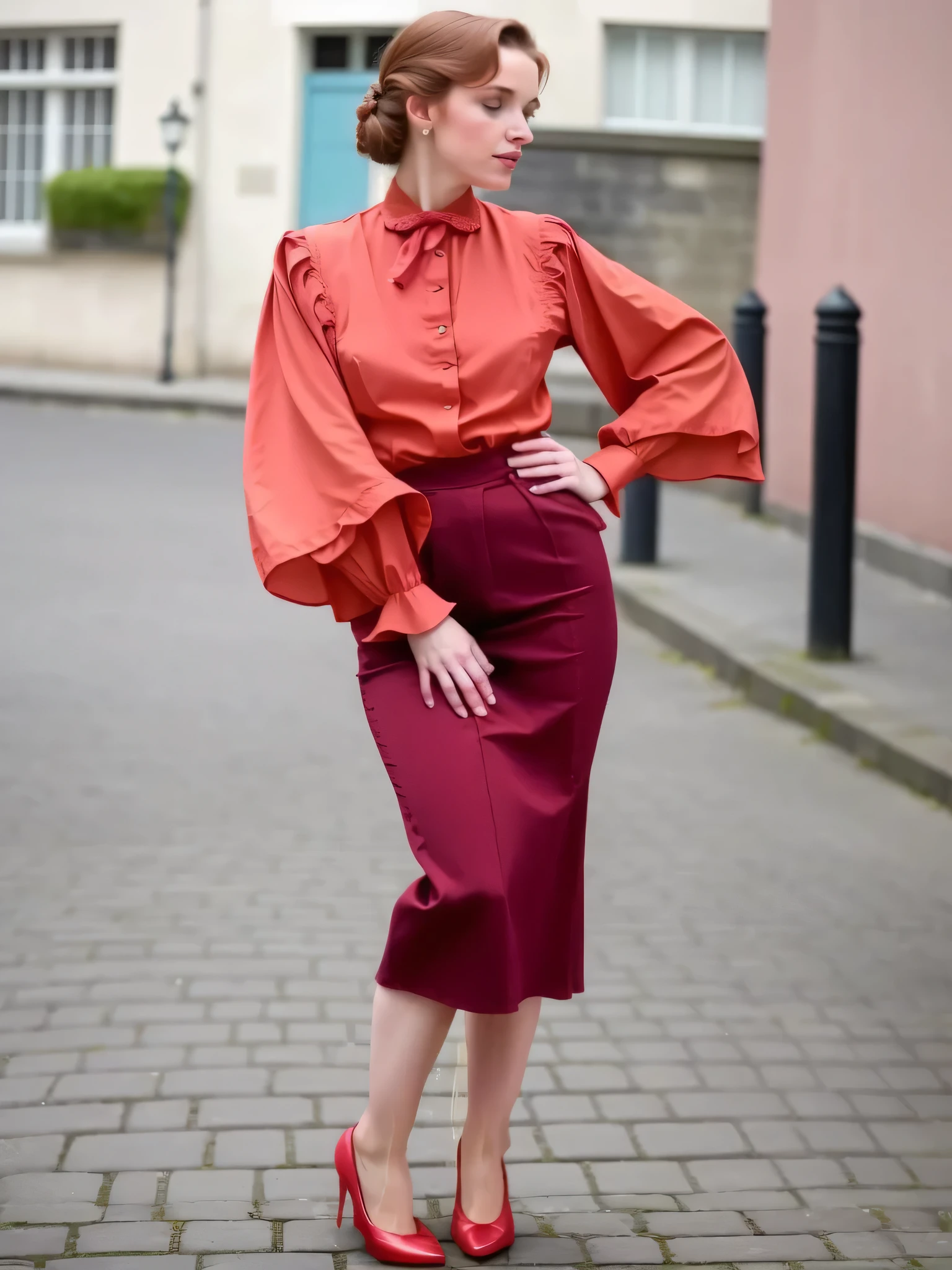 une femme dans un chemisier rose et une jupe rouge debout dans une rue pavée, Style de couleur rose et rouge, vêtements en soie noire et rouge, soie fluide couleur saumon, habillé comme dans les années 1940, porter une tenue élégante, chemise élégante rouge, Vêtements de style années 1930, Satin, Jupe crayon, avec une jupe rouge, Robe en soie, faire pipi, tache de pipi, pipi coule sur les jambes et la jupe