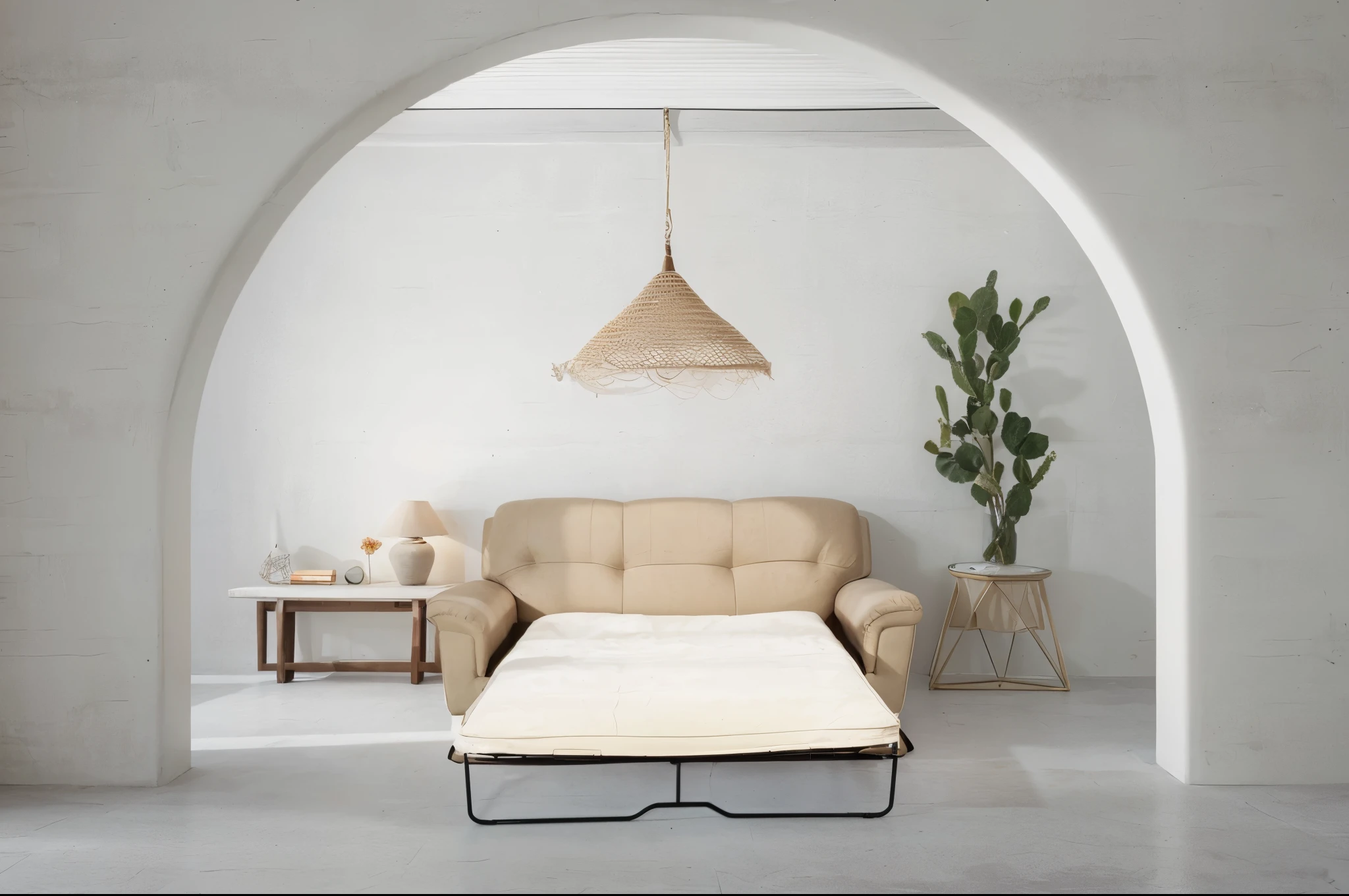 Cream colored sofa-bed in the room, realistic shadows and highlights, high detailed