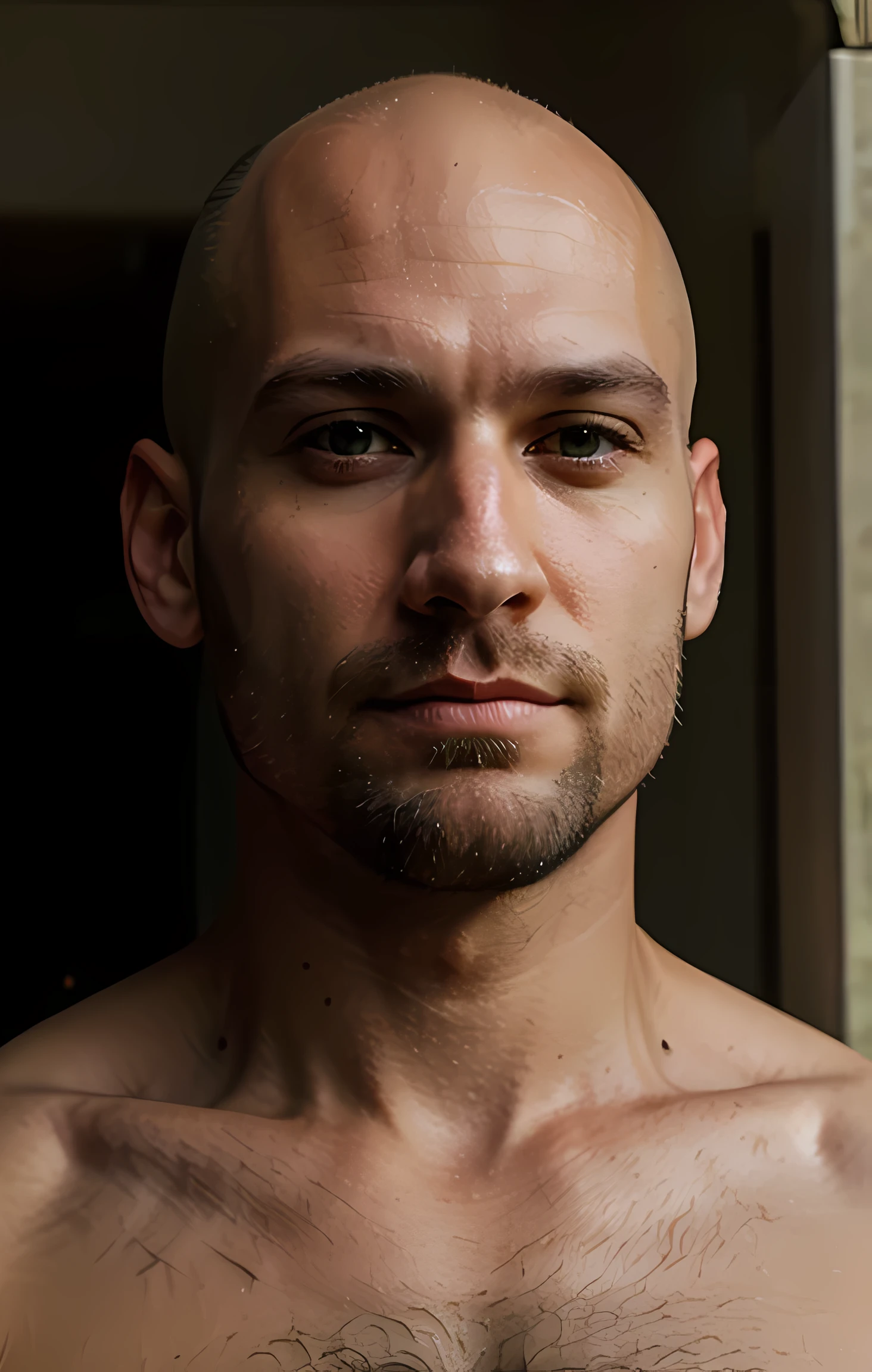 bientôt un, barbe d'un mois, yeux verts, nez fin, mâchoire carrée, regarder directement la caméra.