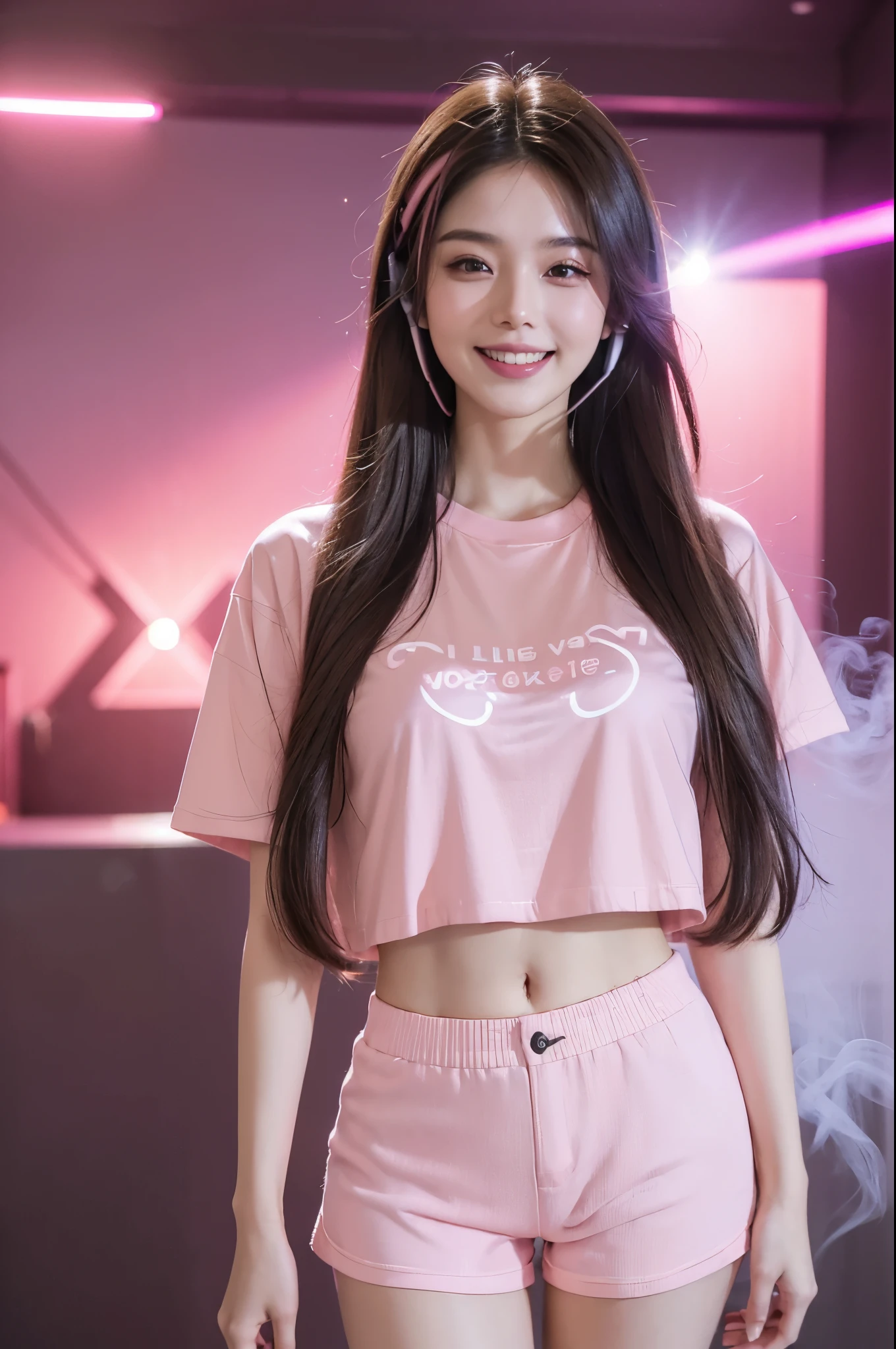 (Cinematic Shot) (Shot on Aaton LTR 54) E-Girls_Mansion_Mona with Headset (22yo, long brunette hair:1.4) (V-Shorts and a Pink T-Shirt:1.5)(Black Walls:1.3) (Neon Signs:1.3)(LED CEILING STRIPS:1.3) (lens flare:1.3) insanely detailed and intricate, character, hypermaximalist, beautiful, exotic, revealing, appealing, attractive, amative, hyper realistic, (super detailed:1.3), (pink volumetric smoke:1.3) cyberpunkinterior, building (smiling:1.4)