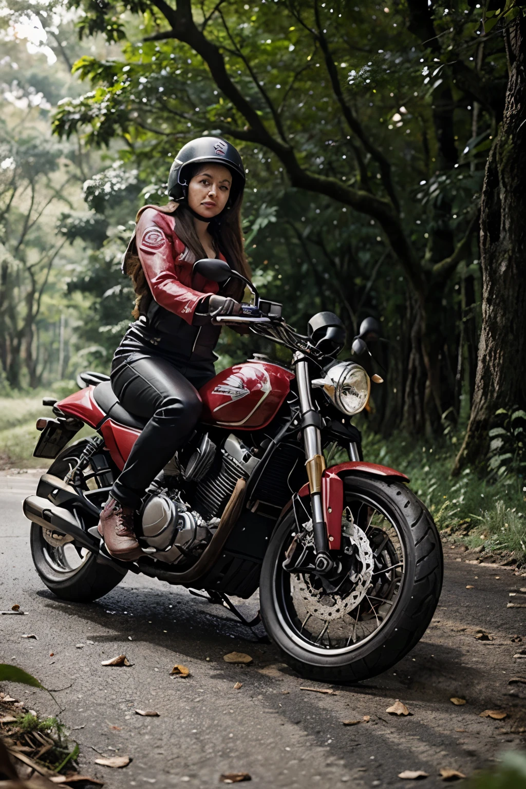 mulher fatal, de vermelho, em uma moto na floresta