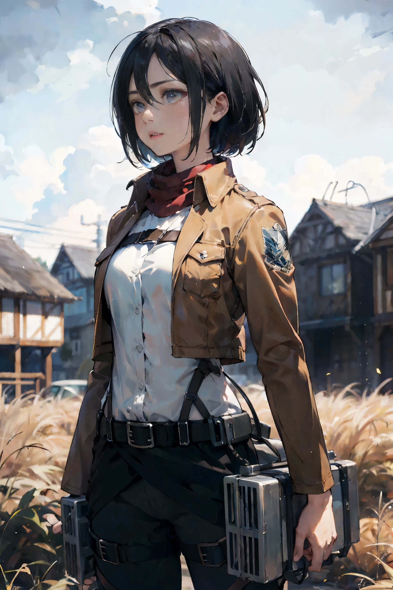 a 20 yo woman、Black-haired head hair、Bery short hair、dark themed、Muted Tones、Subdued Color、highly contrast、(natural skin textures、Hyper-Realism、Soft light、sharp)、aot style、Attack on Titan、Mikasa Ackerman、女の子1人、Three-dimensional maneuver gear、arm strap、bangss、A dark-haired、Black pants、breastsout、cowboy  shot、embers、verd s eyes、greybackground、Background of burnt fields、hairs between eyes、Harnes、long-sleeve、looking at viewert、middlebreasts、Underpants、red scarf、scarf、The shirt、short-hair、fumo、独奏、Thigh strap、Brown jacket、white  shirt、survey team\(emblem\)、((​masterpiece))、top-quality、battle posture, 天空,