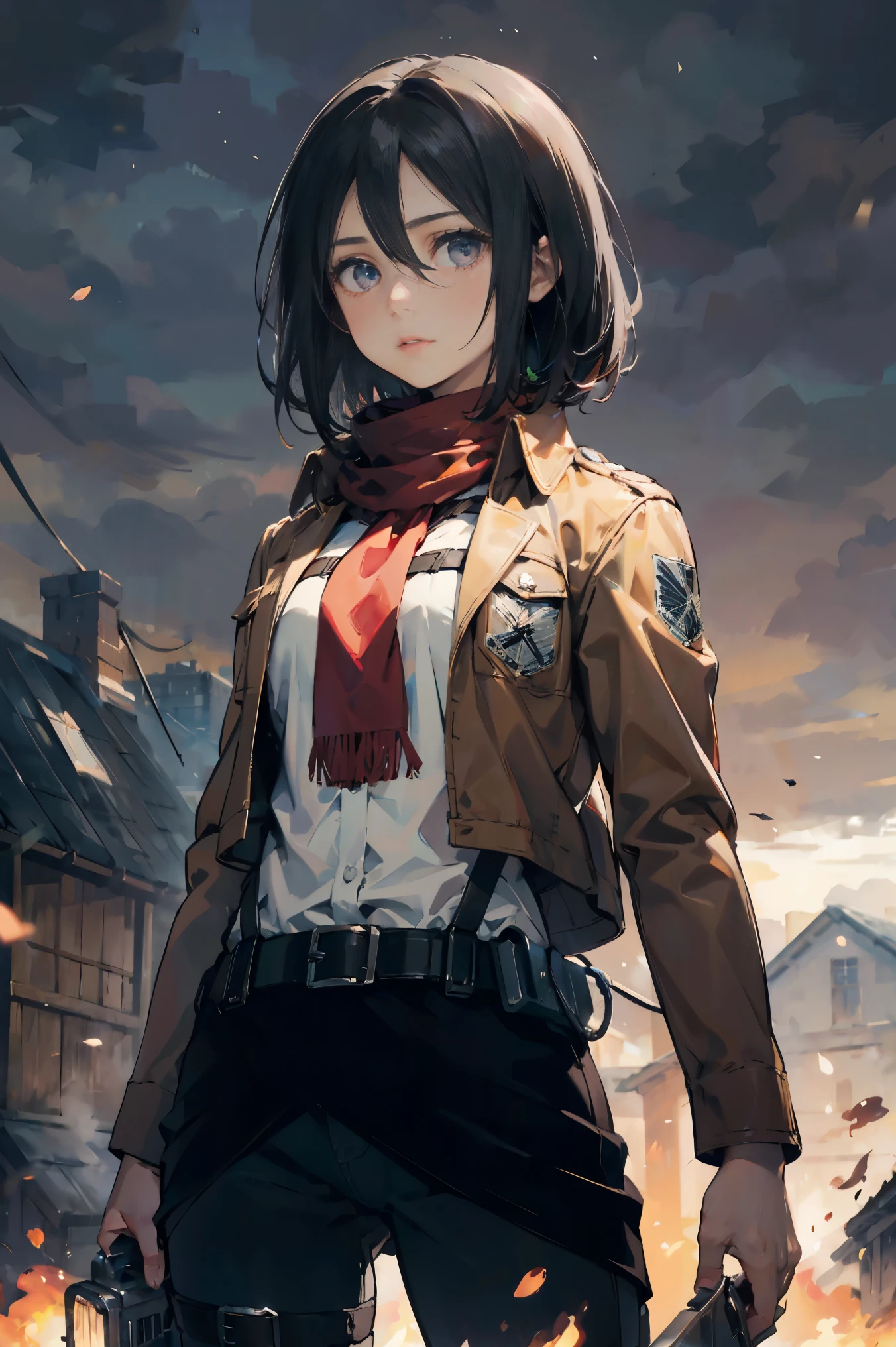 a 20 yo woman、Black-haired head hair、Bery short hair、dark themed、Muted Tones、Subdued Color、highly contrast、(natural skin textures、Hyper-Realism、Soft light、sharp)、AOT Style、Attack on Titan、Mikasa Ackerman、女の子1人、arm strap、bangss、A dark-haired、Black pants、breastsout、cowboy shot、embers、verd s eyes、greybackground、hairs between eyes、Harnes、long-sleeve、looking at viewert、middlebreast、underpants、red scarf、scarf、The shirt、short-hair、fumo、独奏、thigh strap、Brown jacket、white shirt、Survey Corps\(emblem\)、((masterpiece))、top-quality、