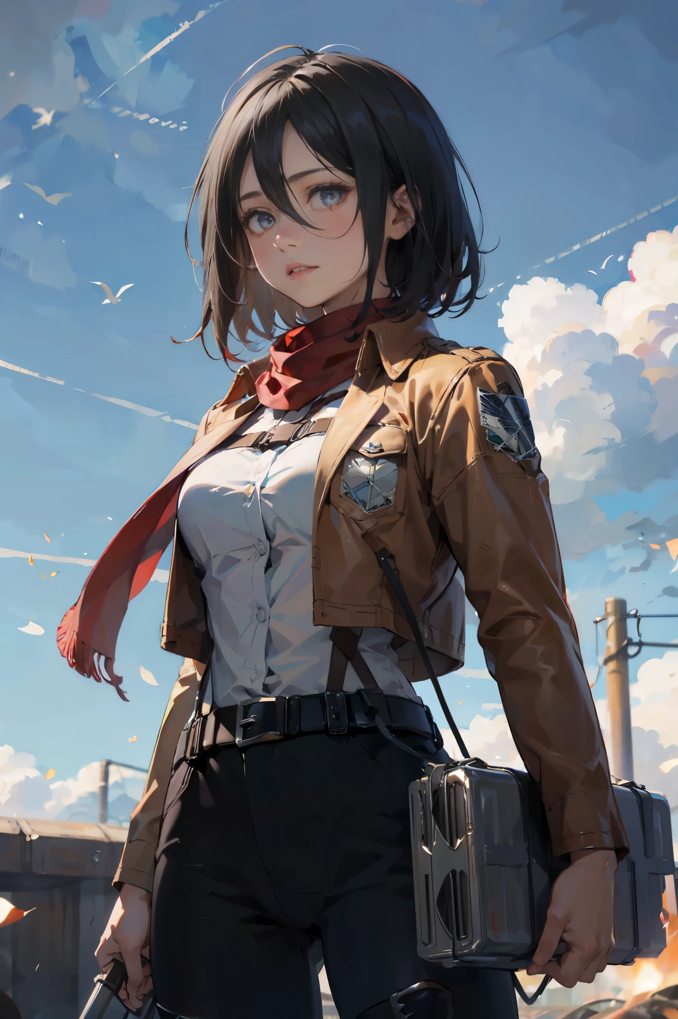 a 20 yo woman、Black-haired head hair、Bery short hair、dark themed、Muted Tones、Subdued Color、highly contrast、(natural skin textures、Hyper-Realism、Soft light、sharp)、AOT Style、Attack on Titan、Mikasa Ackerman、女の子1人、arm strap、bangss、A dark-haired、Black pants、breastsout、cowboy shot、embers、verd s eyes、greybackground、hairs between eyes、Harnes、long-sleeve、looking at viewert、middlebreast、underpants、red scarf、scarf、The shirt、short-hair、fumo、独奏、thigh strap、Brown jacket、white shirt、Survey Corps\(emblem\)、((masterpiece))、top-quality、