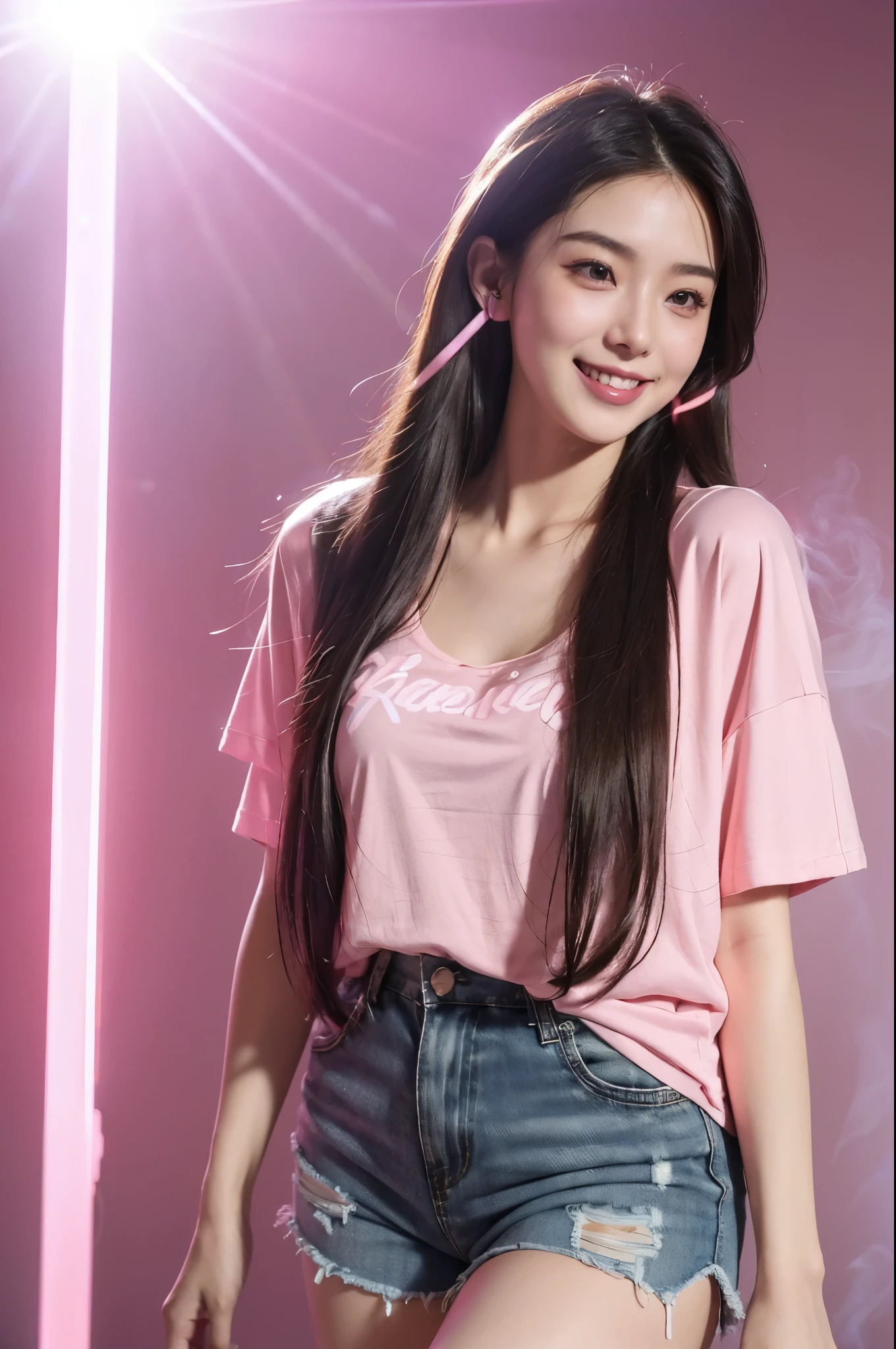 (Cinematic Shot) (Shot on Aaton LTR 54) E-Girls_Mansion_Mona with Headset (22yo, long brunette hair:1.4) (V-Shorts and a Pink T-Shirt:1.5)(Black Walls:1.3) (Neon Signs:1.3)(LED CEILING STRIPS:1.3) (lens flare:1.3) insanely detailed and intricate, character, hypermaximalist, beautiful, exotic, revealing, appealing, attractive, amative, hyper realistic, (super detailed:1.3), (pink volumetric smoke:1.3) cyberpunkinterior, building (smiling:1.4)