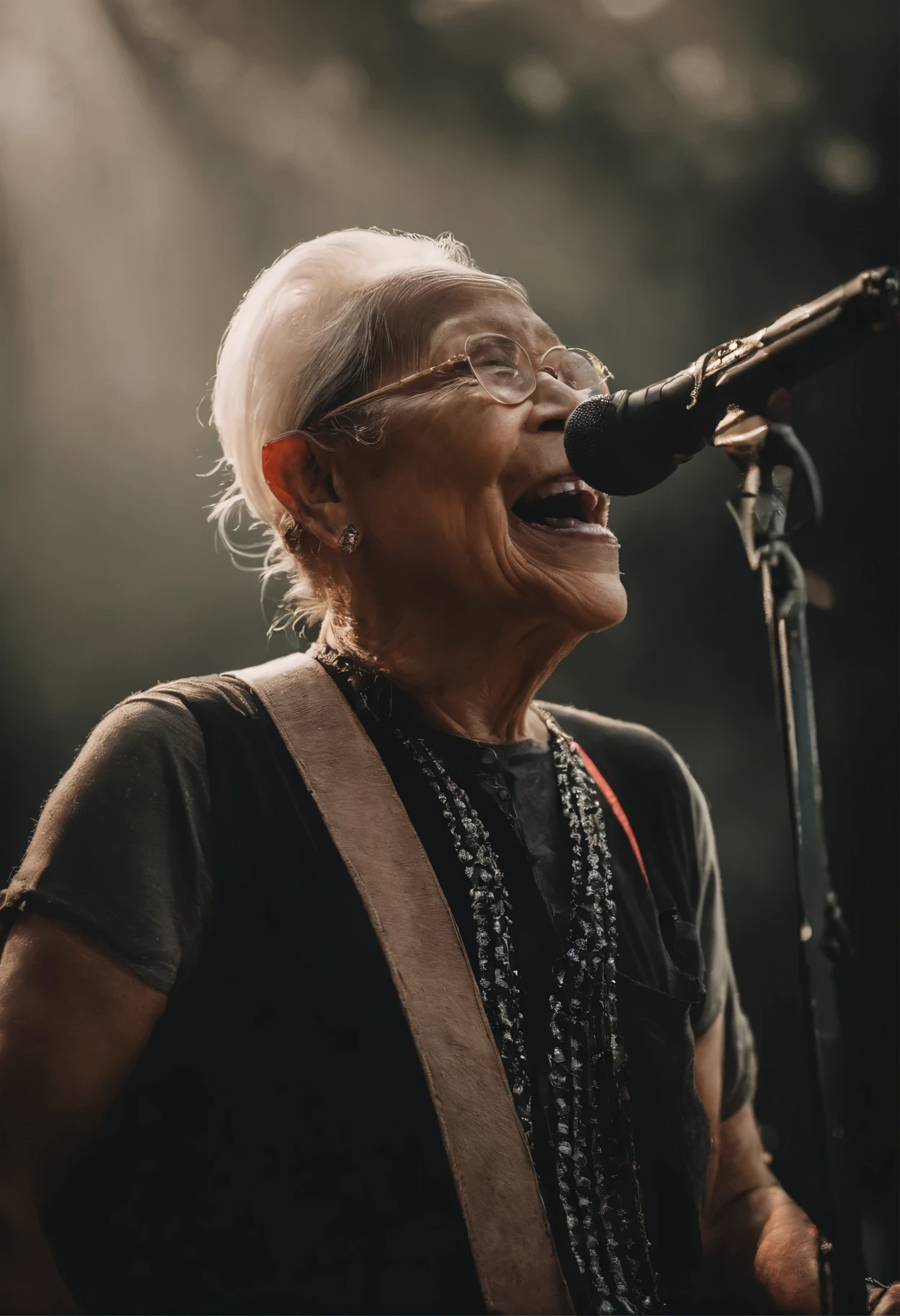 arafed indonesian old woman playing guitar into a microphone in front of a crowd, phenomenal pose, metal head bang, spirit granny, style of ade santora, frail, concert photography, photo taken in 2 0 2 0, rocking out, vocalist, he is a rockstar, by Basuki Abdullah, old lady, live performance, taken in 2 0 2 0, artist unknown, potrait, live concert photography