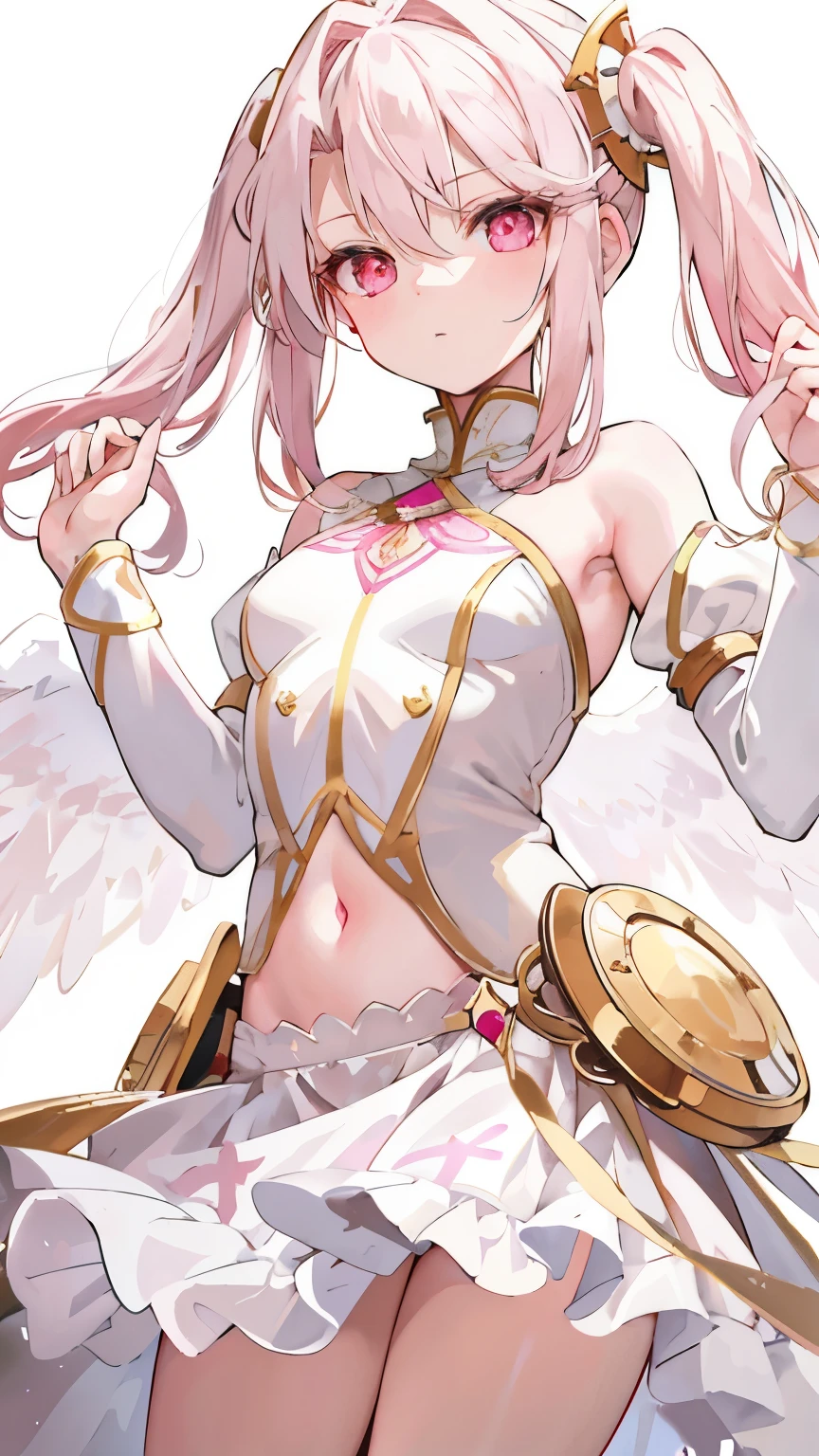 (Ilyasviel von Einzbern:1.2), Long pink and white hair,Pink white wings,deep pupils,Decorated in brilliant gold,white and soft clothes,Silk skirt,Deep V big breasts,bare shoulders,open navel,Bare thighs,startup,She is a cute and sweet beautiful girl