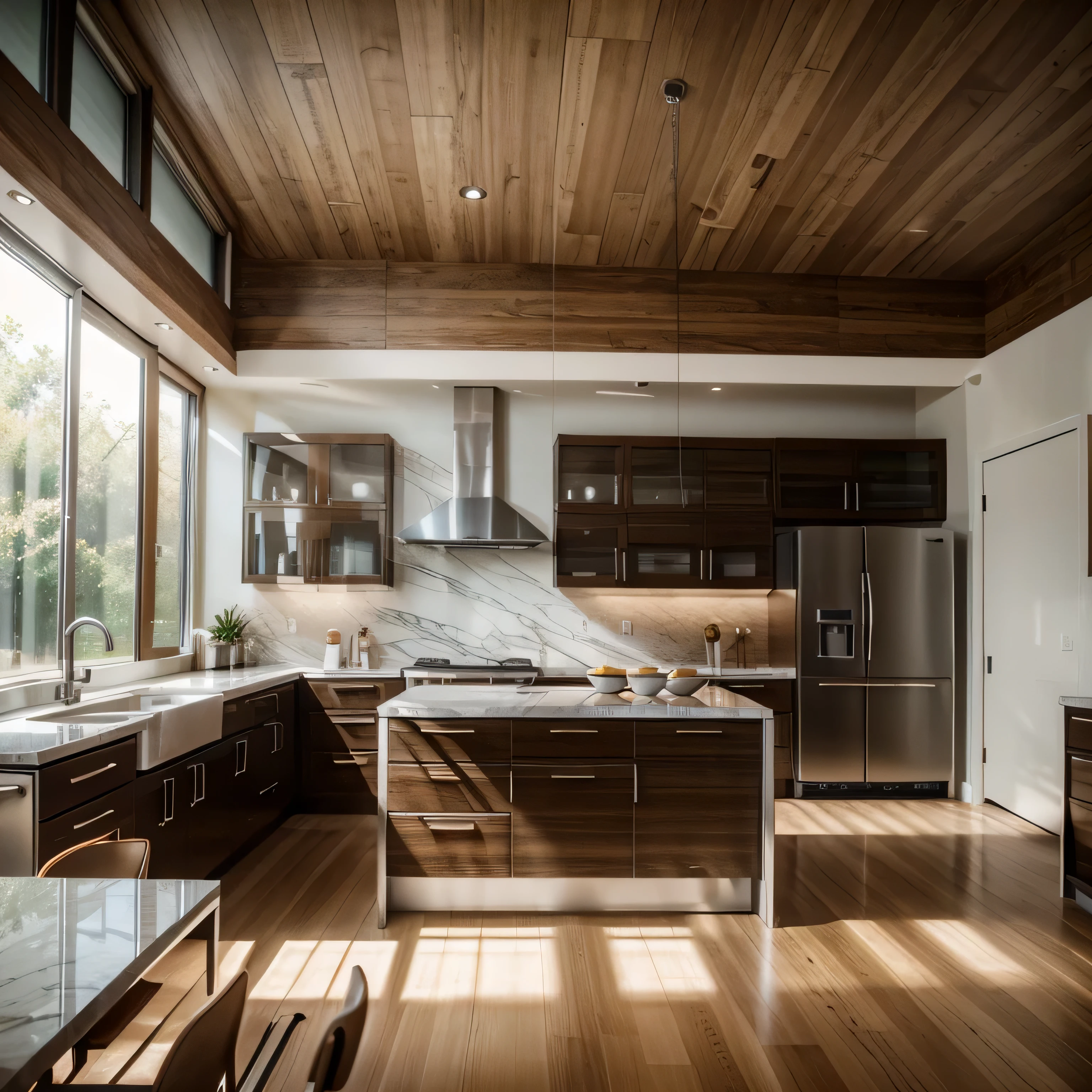 best quality,4k,8k,highres,masterpiece:1.2,ultra-detailed,realistic:1.37,Kitchen interior,beautiful new luxury home,kitchen island,wooden floor,bright modern minimal style,copy space,high-end appliances,marble countertops,floor-to-ceiling windows,natural light,spacious layout,open concept design,elegant pendant lights,stainless steel appliances,streamlined cabinets,sleek design,neutrals and earthy tones,minimalist decor,stylish furniture,contemporary artwork,cozy breakfast nook,large farmhouse sink,indoor herb garden,exquisite craftsmanship,warm ambient lighting,spacious pantry,professional-grade oven and range,well-organized storage,floor-to-ceiling cabinetry,under cabinet lighting,seamless integration,thoughtful design details,inviting atmosphere,serene ambiance,meticulous attention to detail,effortless elegance.