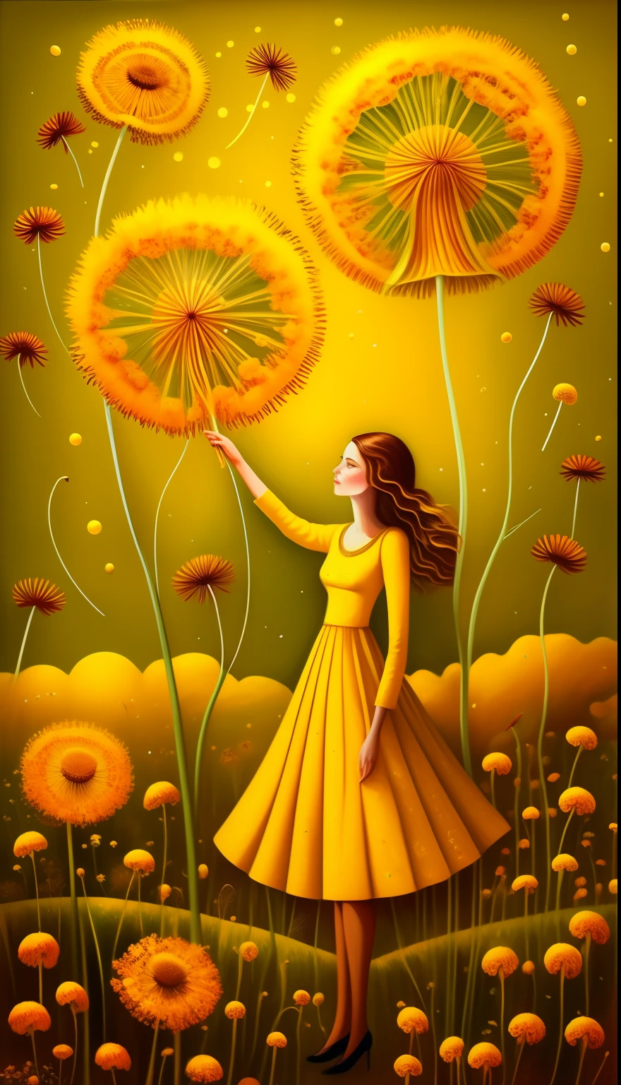 painting of a woman in a yellow dress holding a dandelion, arte caprichosa, arte inspiradora, inspirado em Ruth Sanderson, breathtaking art, linda arte, very very very linda arte, fantastic art, very very linda arte, Direction: Bencho Obreshkov, Andrews Esao Artstyle, arte linda, linda mulher amarela, a linda artework illustration, artistic art trends