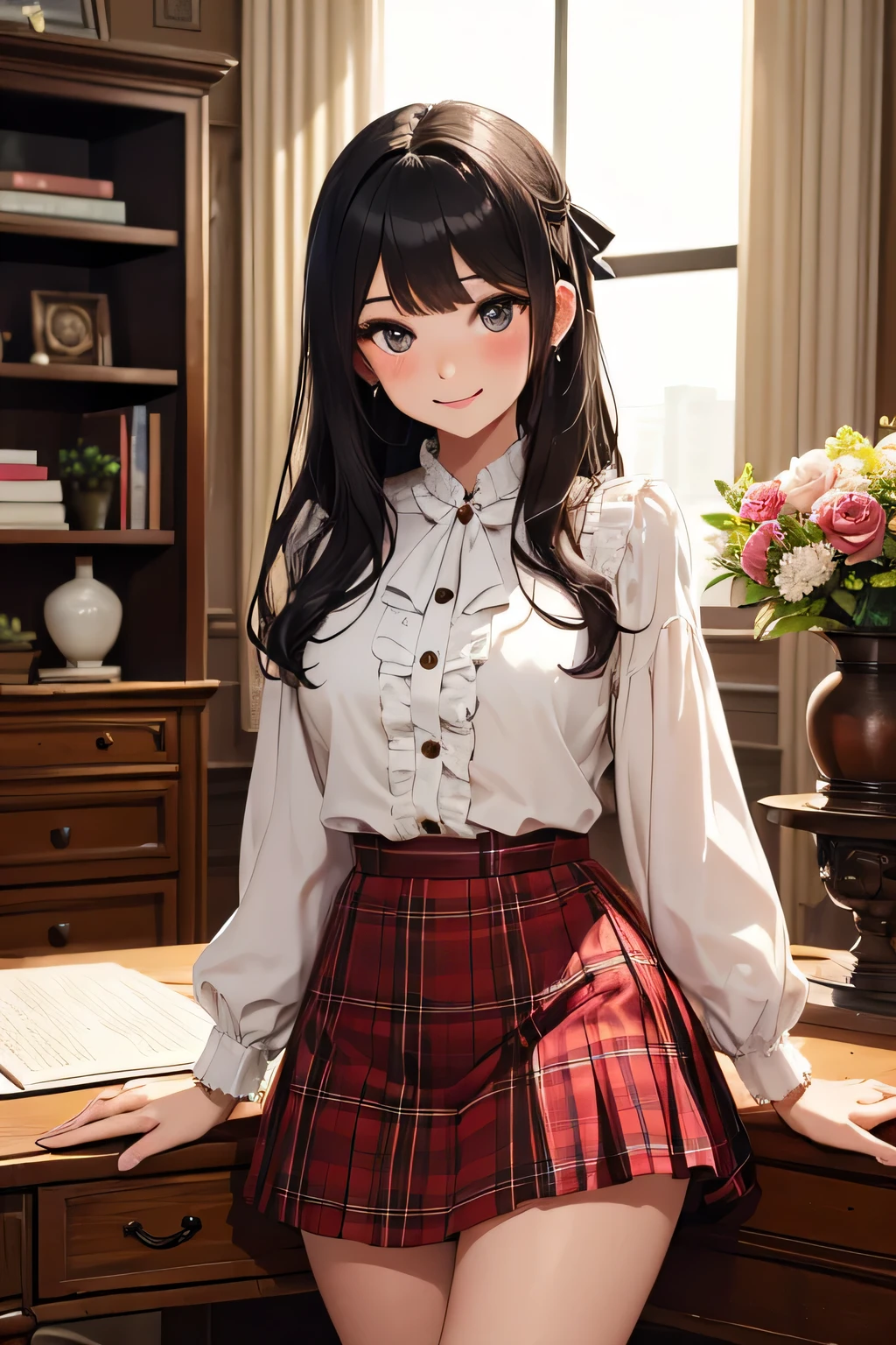 very cute and beautiful girl,(very detailed美しい顔),(smile),blush,cowboy shot, (white blouse with small frills),Long sleeve BREAK standing,skirt lift,(white panties), hair ribbon,black hair,(scarlet plaid miniskirt) BREAK antique living room,flowers in a vase,wooden desk,(bookshelf:0.9),Jewelry box,european carpet,distant tree々, (highest quality,masterpiece:1.2),disorganized,High resolution,super detailed,very detailed,32K,8K resolution, intricate details,movie-like scene,detailed background,alone,dynamic angle,