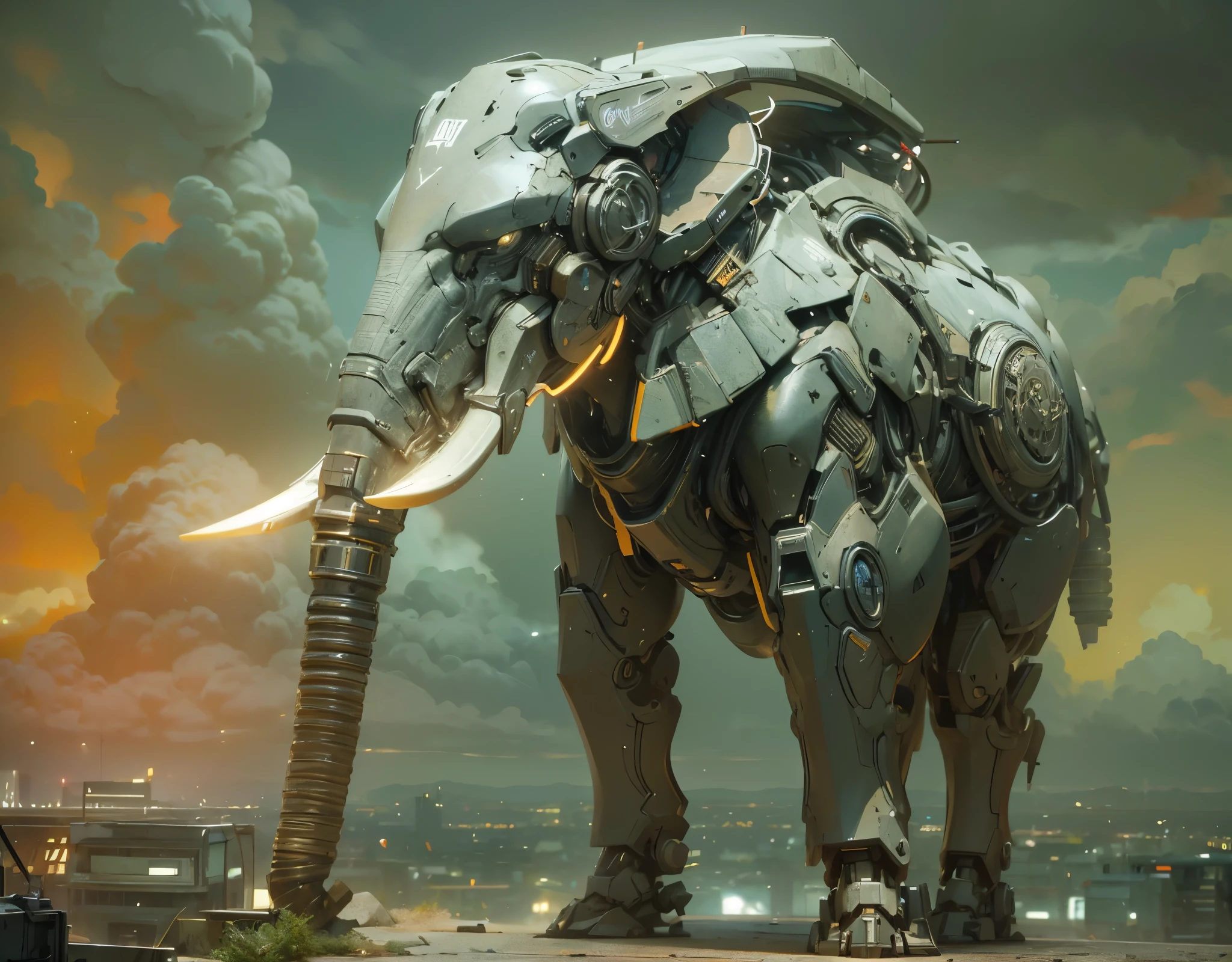 Cyberpunk, Mechanical elephant，Luminous neon lamp, ( Global illumination, raytracing, HDR, unreal render,reasonable design, high detailed, masterpiece, best quality, UHD, BJ_Zagu_Mecha