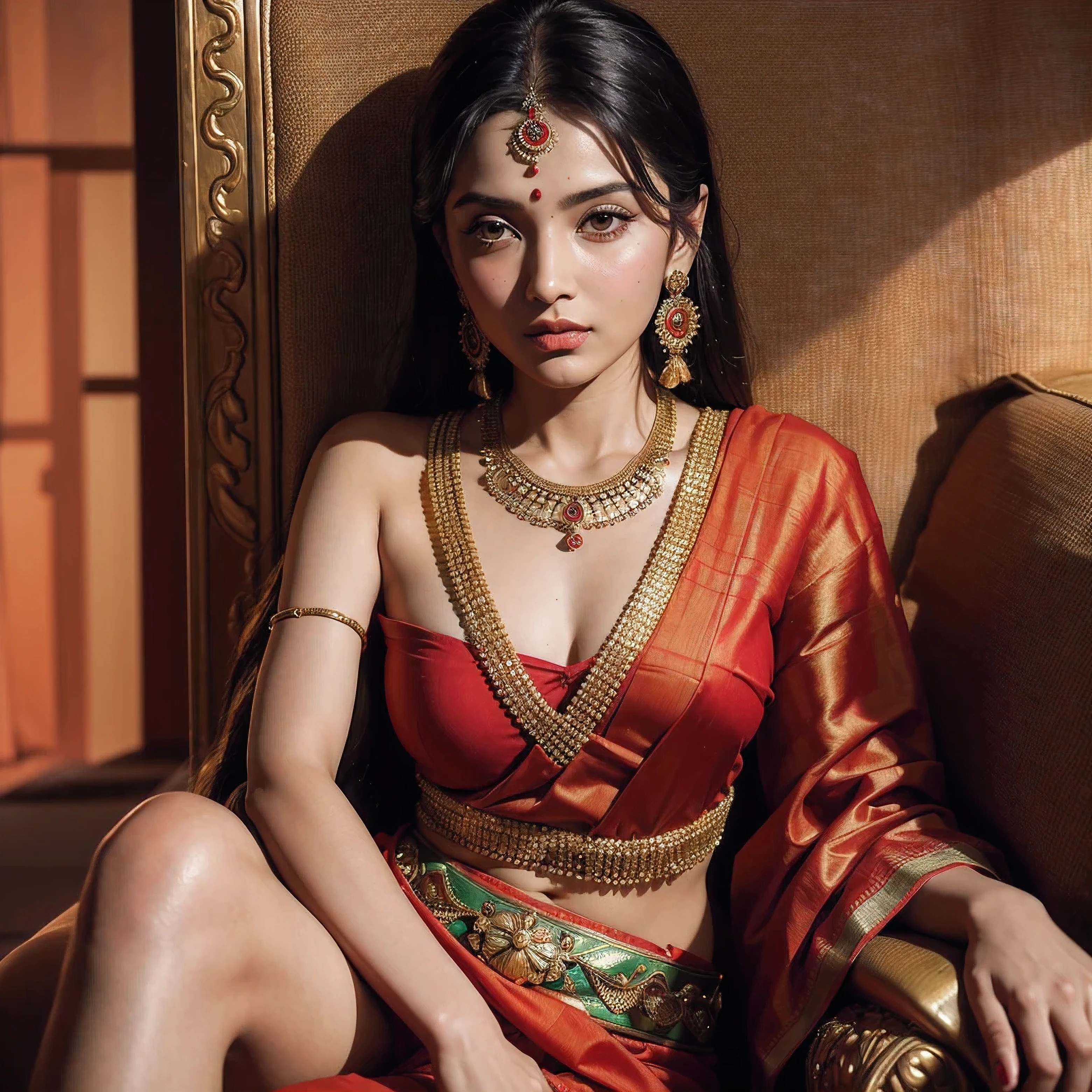 Ultra hd image, of a close up of a woman in a red sari sitting on a couch, traditional beauty, dressed in a sari, hindu aesthetic, portrait shot, assamese aesthetic, fanart, wearing bihu dress mekhela sador, 🕹️ 😎 🔫 🤖 🚬, indian goddess of wealth, traditional, red and gold sumptuous garb, detailed portrait shot, indian goddess